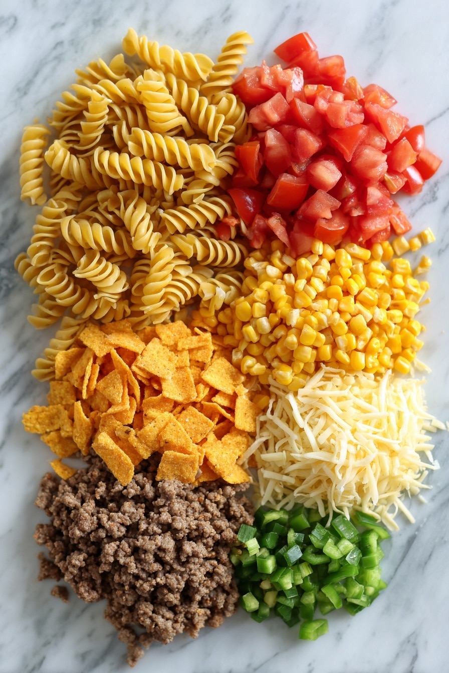Flat lay of cooked rotini pasta, seasoned ground beef, finely diced jalapeño pepper, diced Roma tomato, bright yellow corn kernels, red bell pepper pieces, chopped yellow onion, shredded mild cheddar cheese, and crushed Nacho Doritos, all beautifully arranged in colorful clusters and contrasting textures, placed on a white marble surface, photo taken with an iphone --ar 2:3 --v 7 - Taco Pasta Salad, Taco Pasta Salad Recipe, Easy Taco Pasta Salad, Quick Taco Pasta Salad, Crowd-Pleasing Taco Pasta Salad