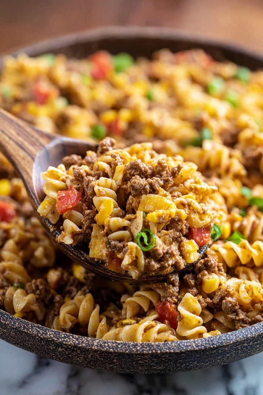 This image shows a close-up of a dish with three main layers mixed together, held by a wooden spoon. The bottom layer has light brown spiral pasta with a textured surface. The middle layer consists of dark brown ground meat pieces. The top layer includes bright yellow corn kernels, small red bell pepper pieces, and bits of green onion scattered throughout. The whole dish is inside a rustic dark bowl that contrasts with the white marbled surface underneath. The background is blurred to keep the focus on the mixed colorful ingredients on the spoon and in the bowl. Photo taken with an iphone --ar 2:3 --v 7 - Taco Pasta Salad, Taco Pasta Salad Recipe, Easy Taco Pasta Salad, Quick Taco Pasta Salad, Crowd-Pleasing Taco Pasta Salad