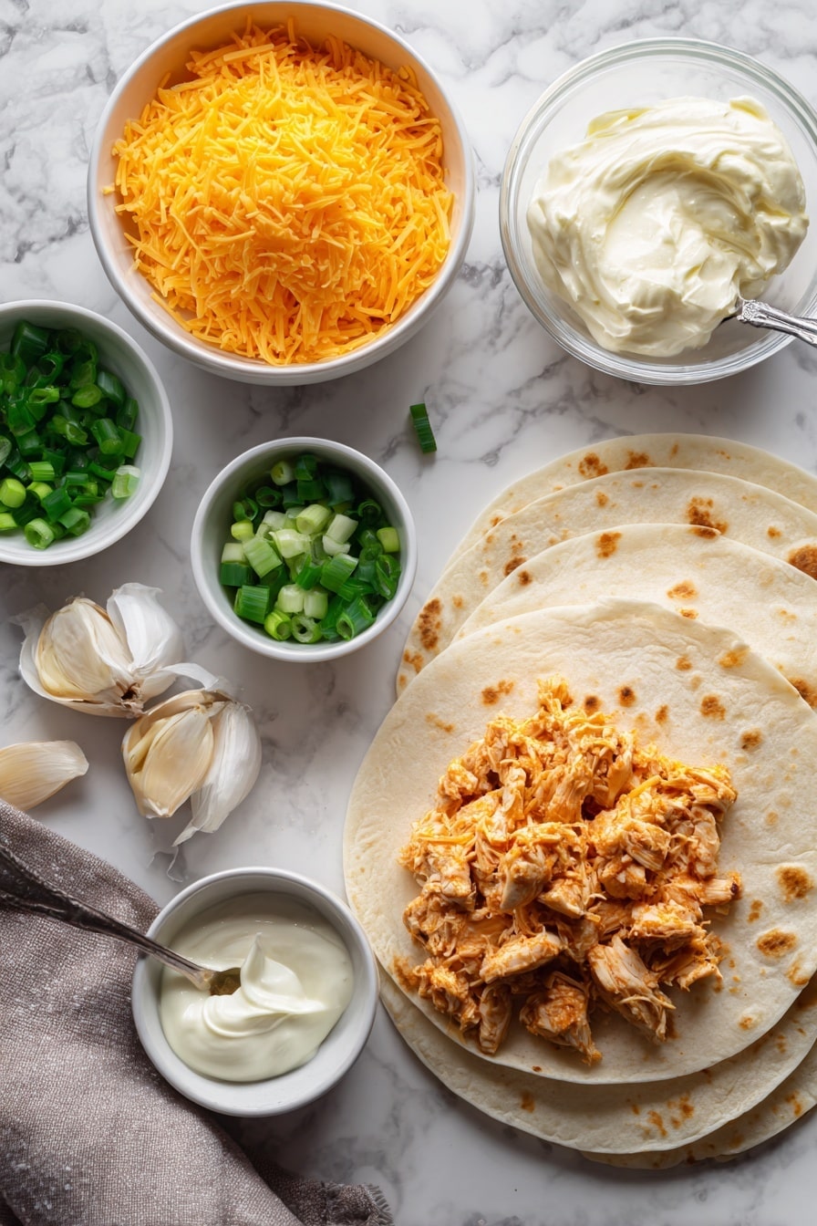 Flat lay of grated cheddar cheese, chopped cooked chicken, minced garlic cloves, chopped green onion, two large tortillas, a small dollop of light mayonnaise, a spoonful of light Greek yogurt, and a small drizzle of hot sauce, all beautifully arranged with vibrant colors and fresh textures, placed on a white marble surface, photo taken with an iphone --ar 2:3 --v 7 - Cheesy Garlic Chicken Wraps, easy chicken wraps, quick dinner ideas, garlic chicken wraps, cheesy lunch recipes