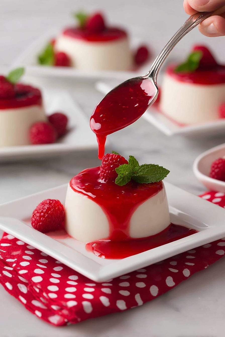 The image shows a smooth, creamy white panna cotta dessert sitting on a white square plate. On top of the panna cotta, there is a thick layer of bright red raspberry sauce dripping down the sides, with a fresh raspberry and small green mint leaves as decoration. A woman's hand holds a spoon, gently pouring more of the glossy red sauce onto the dessert. In the background, similar panna cottas with the same sauce and garnishes are arranged on white square plates on a white marbled surface, with a red cloth with white polka dots adding contrast. photo taken with an iphone --ar 2:3 --v 7 - Classic Vanilla Panna Cotta with Raspberry Sauce, vanilla panna cotta, raspberry sauce dessert, Italian panna cotta recipe, easy elegant desserts
