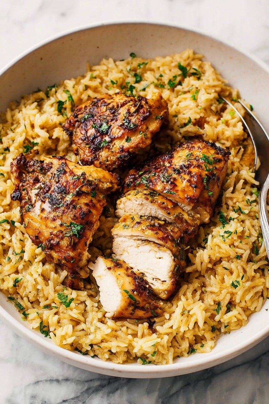 A white bowl filled with a layer of yellowish cooked rice mixed with small green herb pieces around the edges. On top, three pieces of golden brown grilled chicken with a slightly crispy texture and some herbs sprinkled over them sit in the center, one piece is sliced showing white juicy meat inside. The chicken has a shiny, seasoned surface, and there is a silver spoon partially visible on the right side. The bowl is placed on a white marbled surface. Photo taken with an iphone --ar 2:3 --v 7 - Baked Chicken Thighs with Fluffy Rice, easy baked chicken and rice, one-pan chicken dinner, flavorful baked chicken thighs, comforting baked chicken recipes