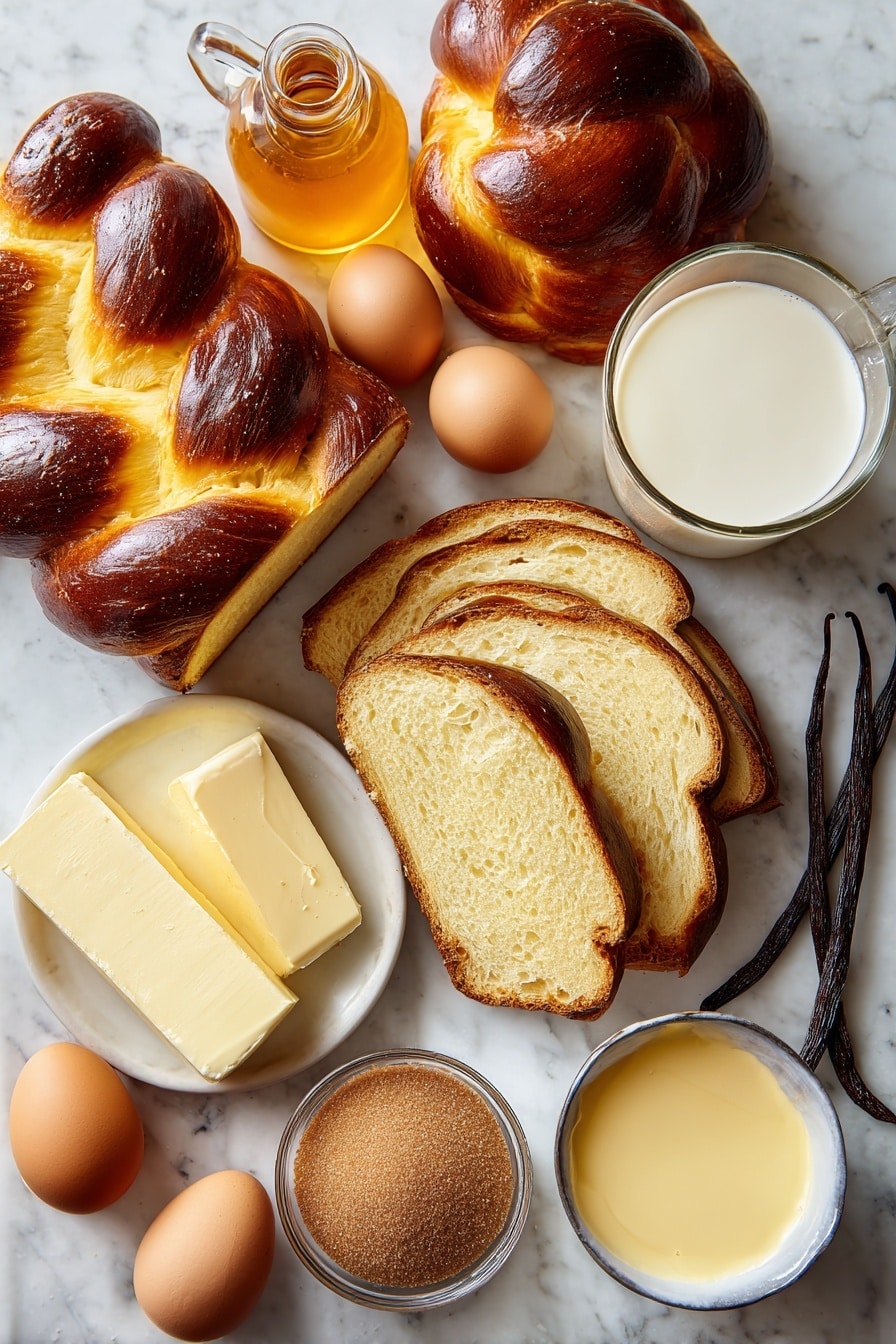 Flat lay of thick slices of golden challah bread, a small pile of rich brown sugar, a glossy pool of amber corn syrup, a smooth stick of unsalted butter, fresh whole eggs with bright shells, a glass of creamy half-and-half, a small bottle of orange brandy liqueur, and a vanilla bean pod, all beautifully arranged with soft natural light, placed on a white marble surface, photo taken with an iphone --ar 2:3 --v 7 - Creme Brulee-inspired French Toast Casserole, decadent French toast bake, caramelized breakfast casserole, weekend brunch ideas, make-ahead French toast