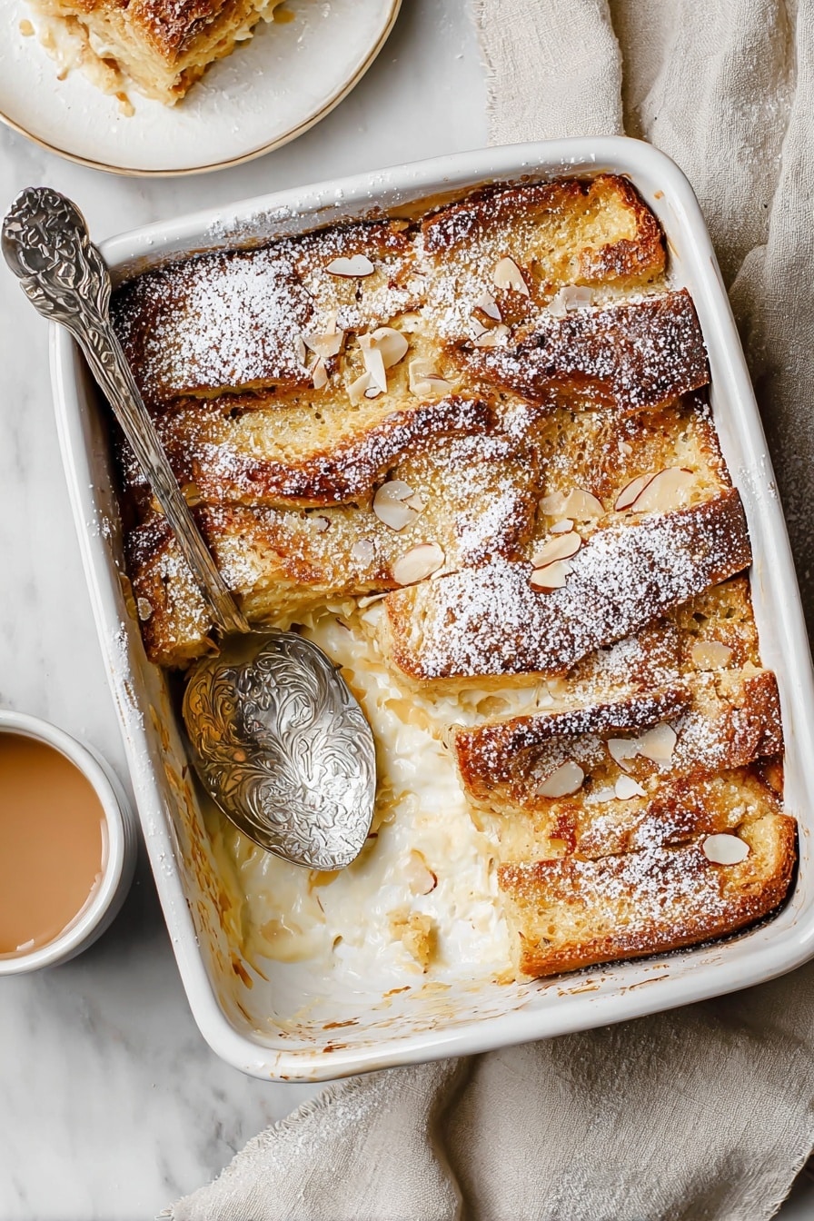 The image shows a white baking dish filled with a golden brown layered bread pudding topped with a dusting of white powdered sugar and scattered light almond flakes. The pudding has five visible overlapping layers of toasted bread, each with a crunchy, browned top and soft, soaked interior. One corner of the pudding is missing, revealing the creamy pale inside of the dessert. A silver serving spoon with an ornate cutout pattern rests in the empty space. The baking dish sits on a beige cloth over a white marbled surface. In the bottom corners, parts of a white plate with a slice of the pudding and a white cup with a light brown drink are visible. Photo taken with an iphone --ar 2:3 --v 7 - Creme Brulee-inspired French Toast Casserole, decadent French toast bake, caramelized breakfast casserole, weekend brunch ideas, make-ahead French toast