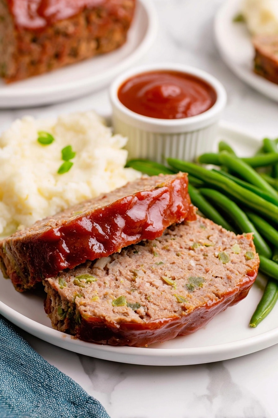 A white plate holds two thick slices of meatloaf with a reddish glaze on top, showing a dense texture with small green and white bits inside. To the side, there is a serving of pale mashed potatoes and a pile of bright green cut green beans. The plate is set on a white marbled surface, with a small white bowl filled with a thick red sauce nearby. In the background, part of another white plate with meatloaf is visible, and a blue cloth is seen near the bottom of the frame. photo taken with an iphone --ar 2:3 --v 7 - Southern Meatloaf with Tangy Glaze, Southern meatloaf recipe, easy meatloaf with glaze, hearty Southern dinner, classic meatloaf recipe