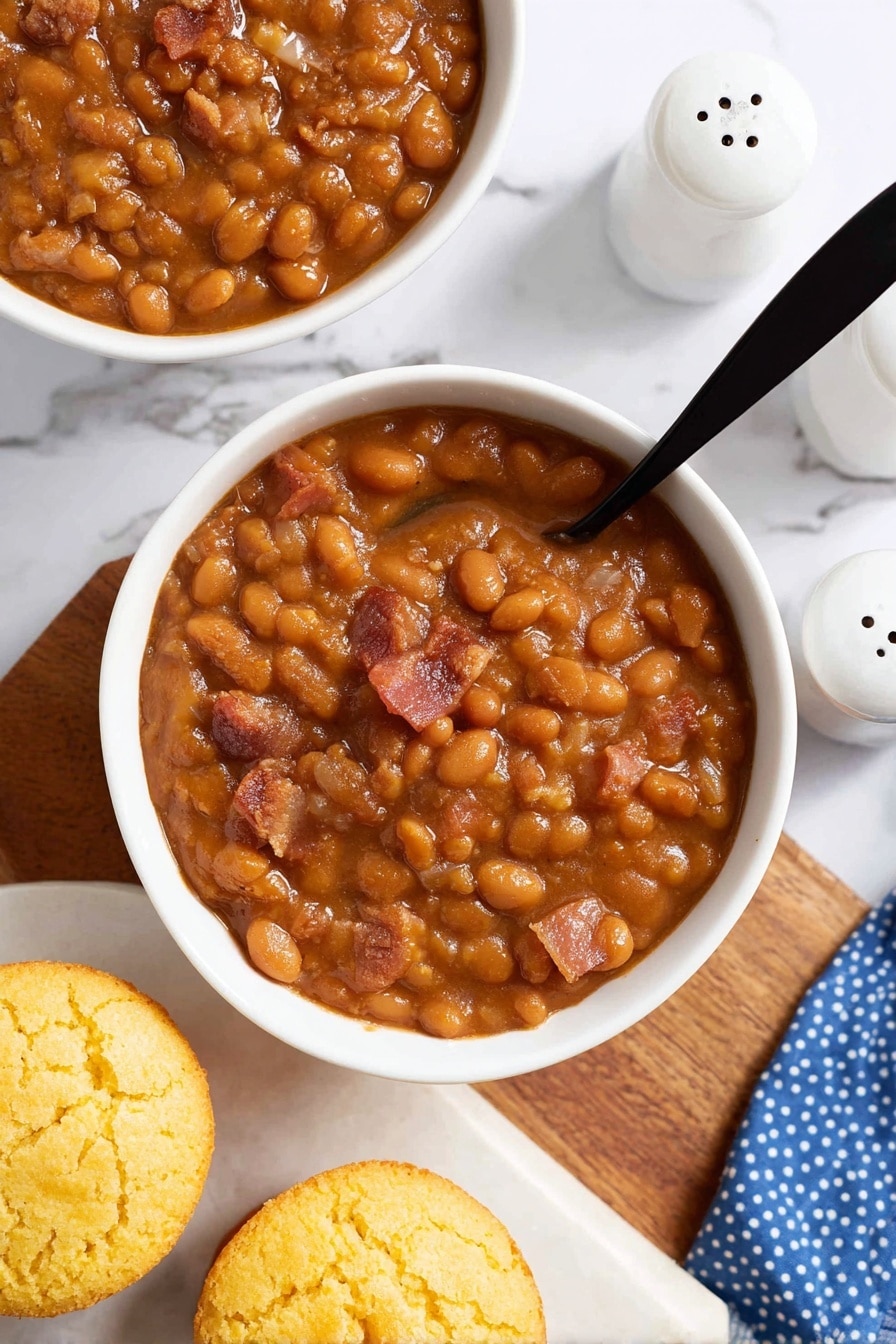 The image shows two white bowls filled with thick baked beans in a rich brown sauce, with visible chunks of bacon mixed in. A black spoon is placed inside the bowl at the center, resting on the beans. To the right, a white marbled cutting board holds two golden yellow cornbread muffins, one of which is crumbled slightly on top. The background features a white marbled surface with white salt and pepper shakers partially visible at the top right corner, and a blue cloth with white polka dots peeking from the left. Photo taken with an iphone --ar 2:3 --v 7 - Classic BBQ Slow Cooker Baked Beans, BBQ baked beans, slow cooker baked beans, smoky BBQ side dish, easy baked beans recipe