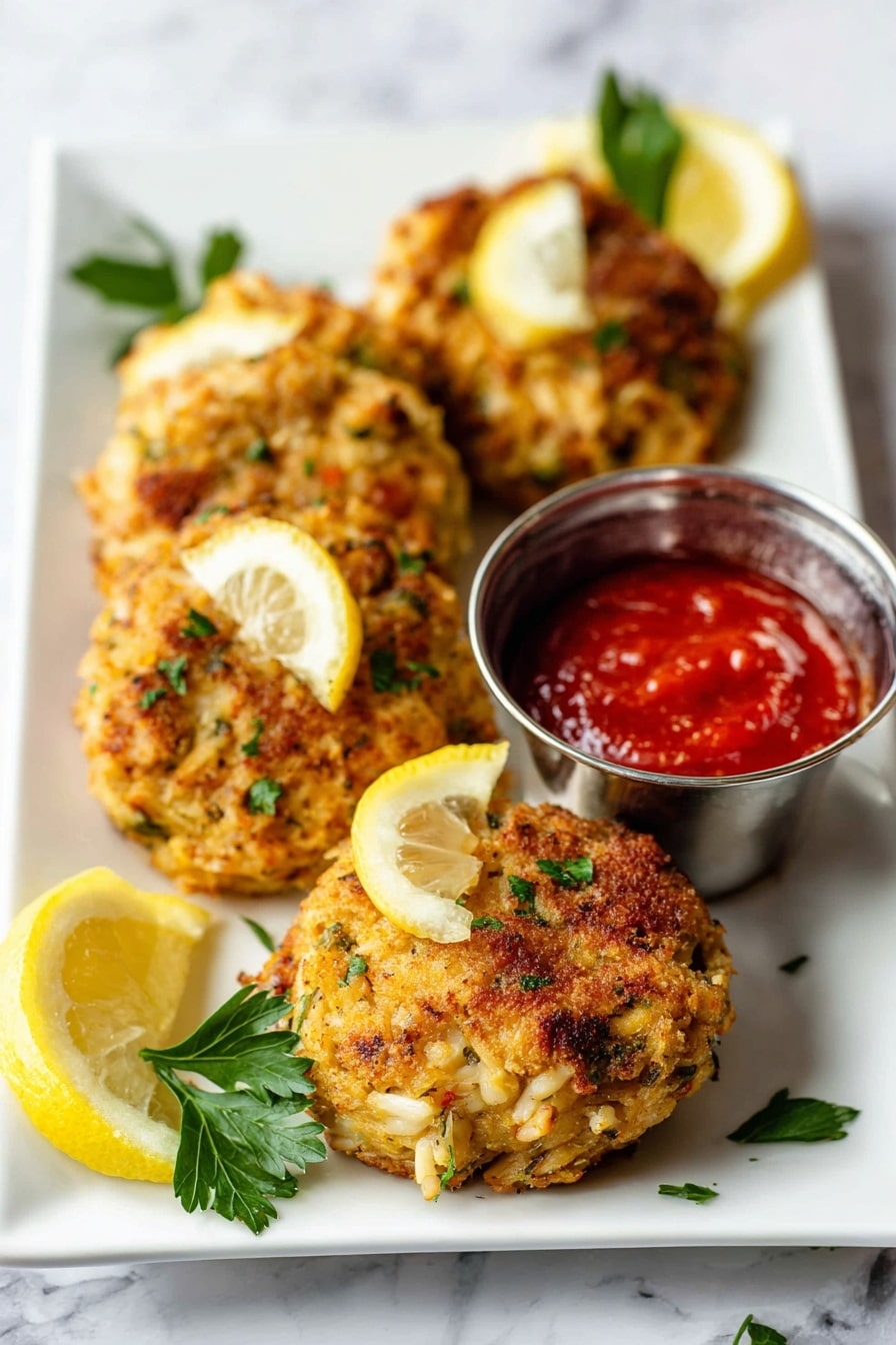 The image shows a white rectangular plate holding four golden-brown crab cakes with a rough, crispy texture and specks of green herbs. Each crab cake is topped with a small lemon wedge. On the right side of the plate, there is a small shiny metal cup filled with bright red sauce. Green parsley leaves and extra lemon wedges decorate the white marbled surface around the plate. The crab cakes are arranged close together, filling most of the plate photo taken with an iphone --ar 2:3 --v 7 - Maryland Crab Cakes, Maryland Crab Cakes Recipe, Crab Cake Recipe, Chesapeake Bay Crab Cakes, American Seafood Crab Cakes