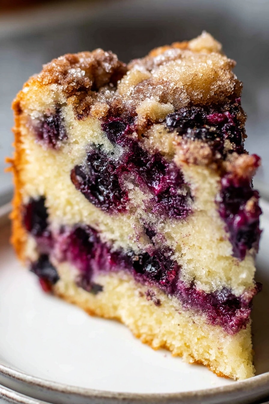 A close-up view of a slice of cake on a white plate, showing three main layers: the bottom layer is a golden brown crust, the middle layer is a soft light yellow cake with dark purple berry chunks spread throughout, and the top layer has a mix of baked crumbly brown sugar with more berry pieces embedded. The texture looks moist and slightly crumbly, with sugar crystals sparkling on top, and the berry juices creating dark purple streaks that run through the slice. Photo taken with an iphone --ar 2:3 --v 7 - Blueberry Sour Cream Coffee Cake, Blueberry Coffee Cake, Sour Cream Cake Recipe, Blueberry Breakfast Cake, Cinnamon Walnut Coffee Cake