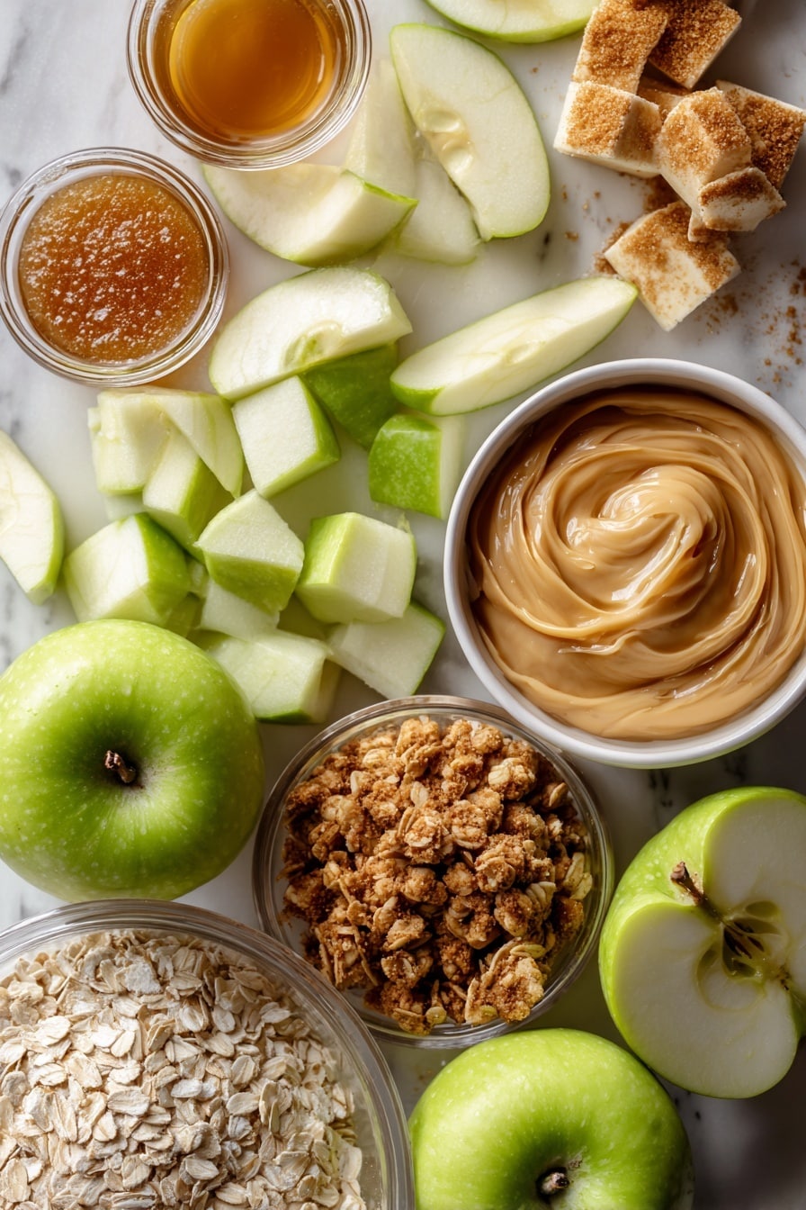 Flat lay of diced green Granny Smith apples, rolled oats, light brown sugar, golden crumble topping clusters, sticks of salted butter, a swirl of creamy cinnamon buttercream frosting, caramel sauce drizzles, and thinly sliced apple garnishes, all beautifully arranged with natural light highlighting textures and colors, placed on a white marble surface, photo taken with an iphone --ar 2:3 --v 7 - Apple Crumble Cupcakes, fall apple cupcakes, easy apple dessert, cinnamon apple cupcakes, delicious apple crumble treats