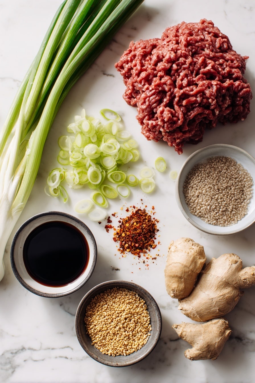 Flat lay of fresh lean ground beef, minced garlic cloves, packed brown sugar crystals, a small pool of dark soy sauce, golden sesame seeds scattered lightly, vibrant green sliced onions, a pinch of crushed red pepper flakes, and a few specks of ground ginger, all beautifully arranged with a touch of sesame oil glistening subtly, placed on a white marble surface, photo taken with an iphone --ar 2:3 --v 7 - Korean Ground Beef and Rice Bowls, Korean rice bowl recipe, easy Korean beef bowls, quick weeknight dinner, flavorful beef rice bowls