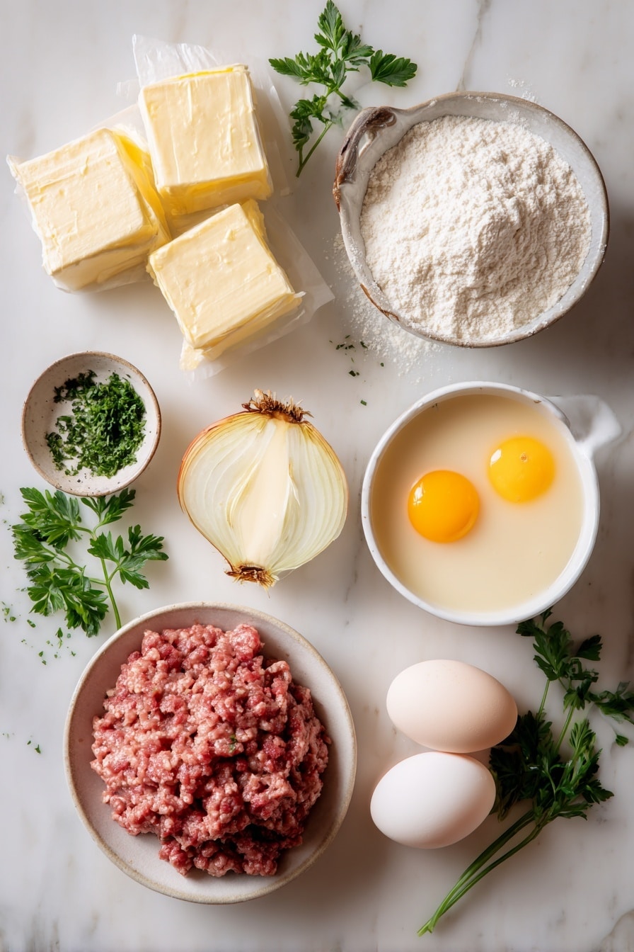 Homemade Meatballs with Creamy Sauce Recipe 6 Flat lay of cubed white bread soaked in milk, grated half a large onion, raw ground beef and ground pork side by side, a whole cracked egg with a visible yolk, stick of salted butter, a small mound of all-purpose flour, fresh chopped parsley scattered lightly, and a small bowl of creamy beef broth sauce with a hint of Worcestershire, all beautifully arranged on a white marble surface, photo taken with an iphone --ar 2:3 --v 7 - Homemade Meatballs with Creamy Sauce, comfort food recipes, easy meatball recipe, creamy meatball sauce, family dinner ideas