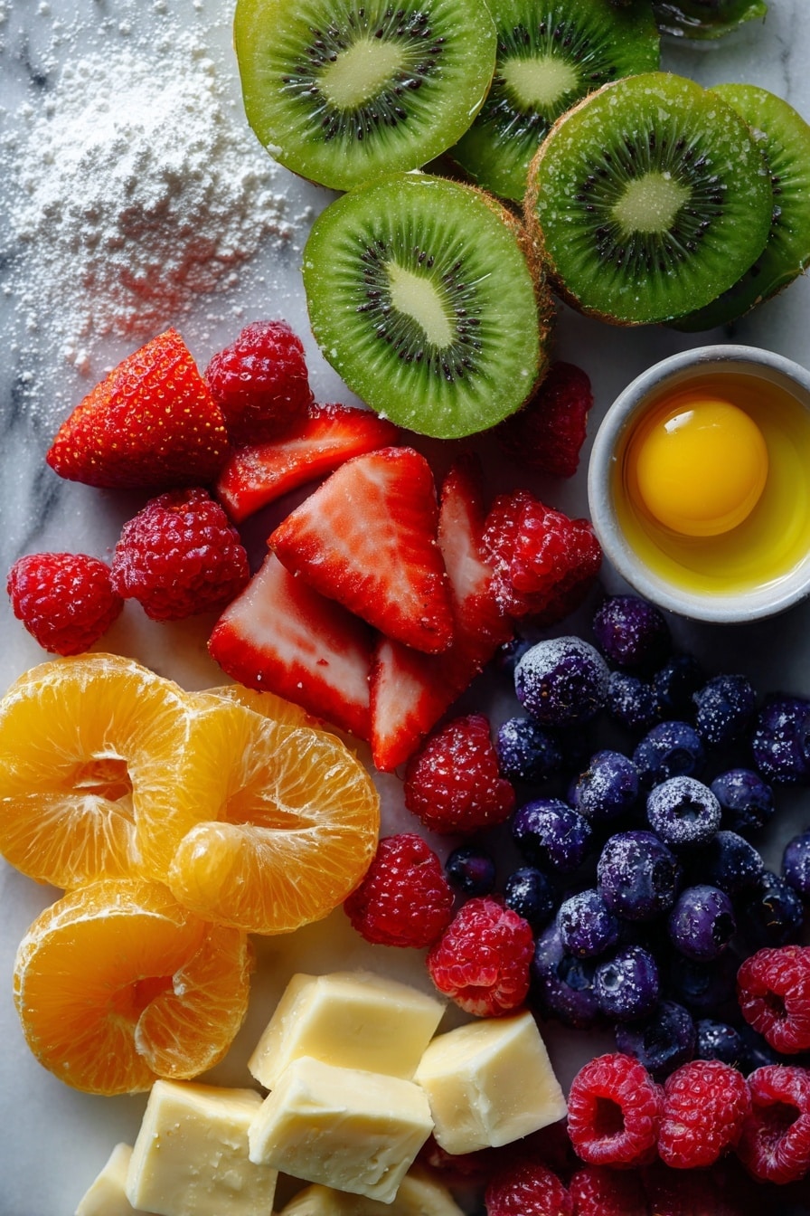 Flat lay of halved and sliced bright green kiwis, plump red strawberries cut in half, glossy mandarin orange segments, deep blue blueberries, vibrant red raspberries, chunks of cold salted butter, a small pile of fine powdered sugar, smooth vanilla bean paste in a small dollop, and a pat of golden egg yolk, all beautifully arranged with natural lighting and soft shadows highlighting their fresh colors, placed on a white marble surface, photo taken with an iphone --ar 2:3 --v 7 - French Fruit Tart, French Fruit Tart recipe, fruit tart dessert, elegant dessert recipe, homemade fruit tart