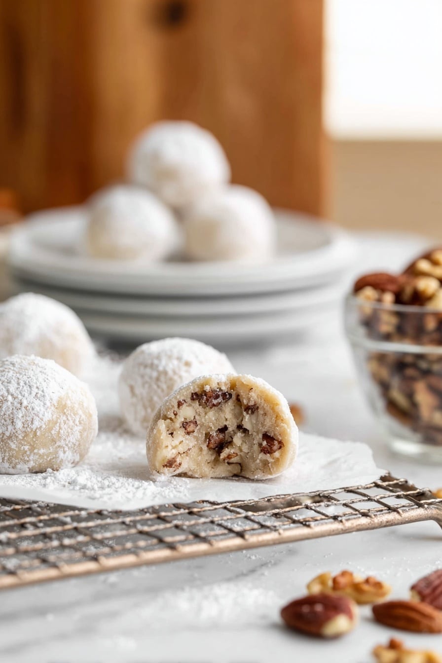 The image shows round cookie balls on a cooling rack covered with parchment paper, dusted lightly with white powdered sugar. The cookie in the front is cut to show its inside, revealing a pale dough mixed with chopped nuts, which have a rich brown color. Behind the front cookie, there are three whole cookie balls in soft focus, and further back, a stack of white plates is visible. To the right, part of a clear glass bowl filled with more nuts is seen, with a few nuts scattered on the white marbled surface nearby. The background is softly blurred with warm wood tones. photo taken with an iphone --ar 2:3 --v 7 - Buttery Pecan Snowball Cookies, festive snowball cookie recipe, easy pecan cookies, melt-in-your-mouth holiday cookies, nutty buttery cookie recipe