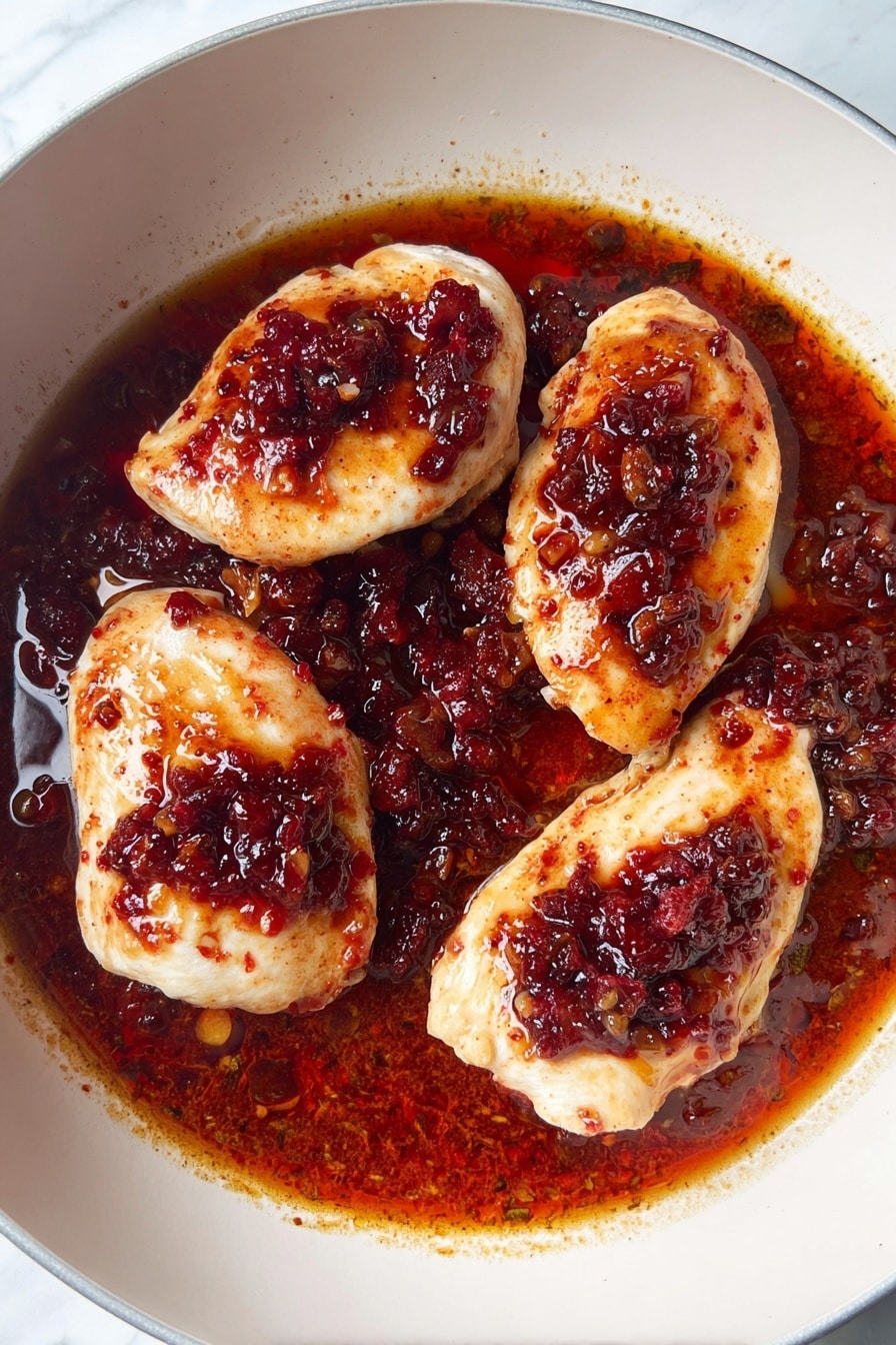 The image shows a white round pan with four pieces of cooked chicken breast, light golden in color, each topped with a thick layer of dark red chunky sauce containing visible bits of fruit or berries. The chicken pieces sit in a shallow pool of glossy, reddish-brown sauce that has a slightly oily texture. The white marbled surface can be seen faintly around the edges of the pan. photo taken with an iphone --ar 2:3 --v 7 - Skillet Orange Cranberry Chicken, Orange Cranberry Chicken, Easy Chicken Dinner, Holiday Chicken Recipes, Quick Weeknight Chicken