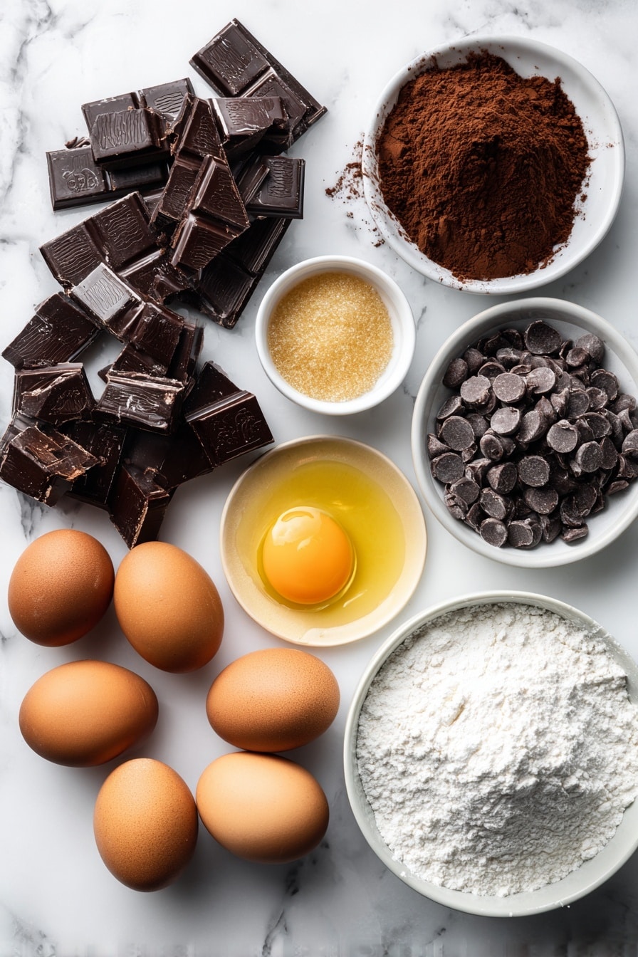 Flat lay of chopped dark chocolate chunks, glossy melted butter, rich cocoa powder, golden Demerara sugar crystals, smooth caster sugar, fresh brown eggs, shiny dark and milk chocolate chips, and a fine pile of plain flour arranged neatly in small groups, showcasing their textures and colors, placed on a white marble surface, photo taken with an iphone --ar 2:3 --v 7 - Fudgy Chewy Brookies, brookies recipe, best chocolate chip brownies and cookies, fudgy brownies with chewy edges, easy brookies dessert