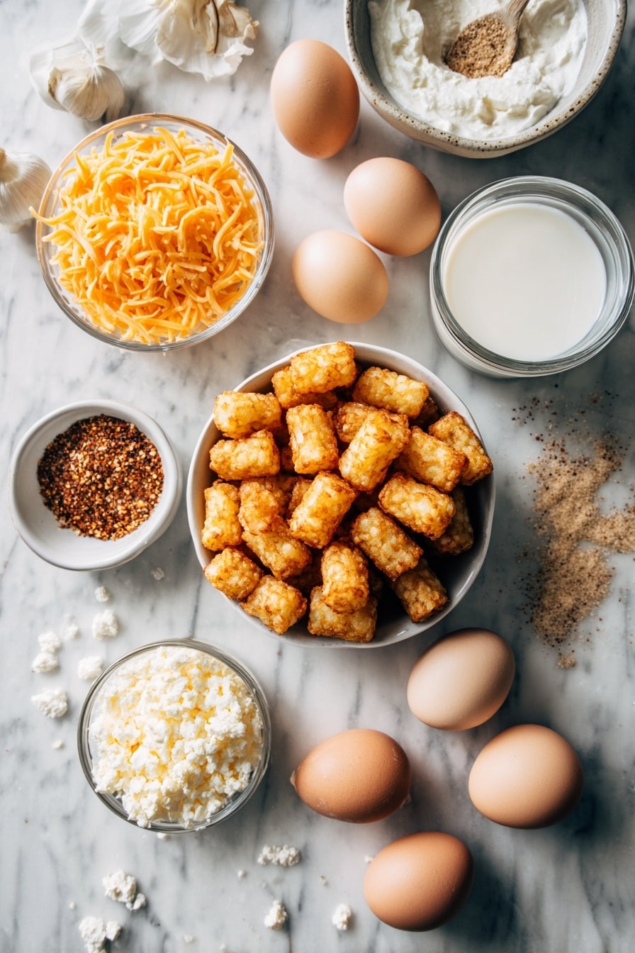 Flat lay of golden frozen tater tots, crumbled cooked breakfast sausage, shredded Mexican blend cheese with vibrant orange and white tones, whole fresh eggs with smooth shells, a small glass of creamy milk, and sprinkles of granulated garlic and onion powder arranged artfully, placed on a white marble surface, photo taken with an iphone --ar 2:3 --v 7 - Tater Tot Breakfast Casserole with Sausage and Cheese, cheesy breakfast casserole, easy breakfast casserole recipe, make-ahead breakfast casserole, hearty breakfast dish