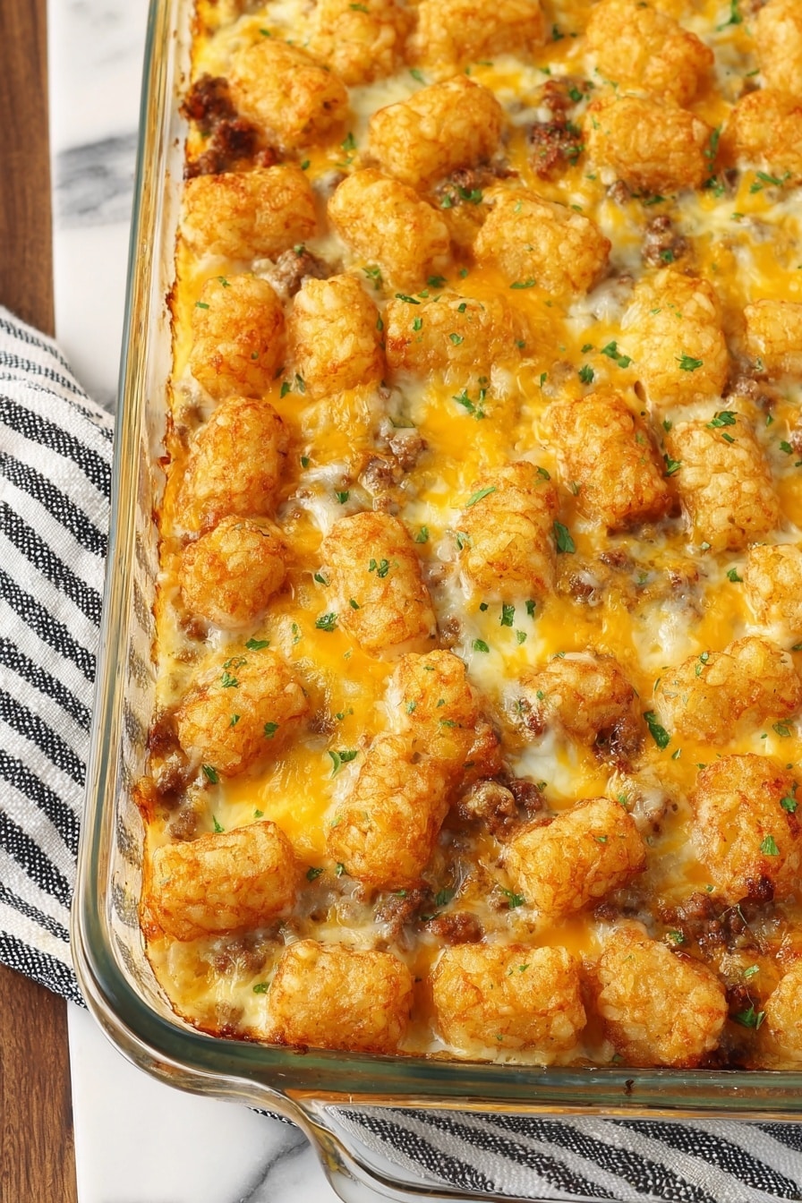 This image shows a close-up of a baked dish in a clear glass rectangular baking dish. The top layer is golden brown, made of small tater tots that are crispy and browned in spots, scattered evenly across the surface. Underneath, there appears to be a creamy layer with melted yellow and white cheese mixed in, bubbling around the tots. Small bits of cooked ground meat are visible between the tots, and the dish is sprinkled with green herbs on top. The dish sits on a white marbled surface with a black and white striped cloth partly visible next to it. Photo taken with an iphone --ar 2:3 --v 7 - Tater Tot Breakfast Casserole with Sausage and Cheese, cheesy breakfast casserole, easy breakfast casserole recipe, make-ahead breakfast casserole, hearty breakfast dish