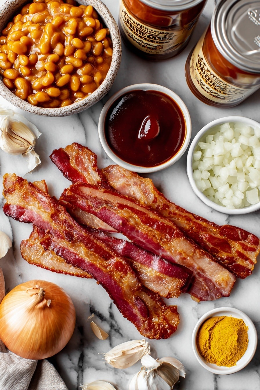Flat lay of six crispy bacon strips, a half large yellow onion chopped into small pieces, a small bowl of rich, dark barbecue sauce, a small heap of yellow mustard, a few cloves of fresh garlic minced finely, and two large cans of baked beans with their labels visible, all beautifully arranged with vibrant colors and textures, placed on a white marble surface, photo taken with an iphone --ar 2:3 --v 7 - Classic BBQ Slow Cooker Baked Beans, BBQ baked beans, slow cooker baked beans, smoky BBQ side dish, easy baked beans recipe