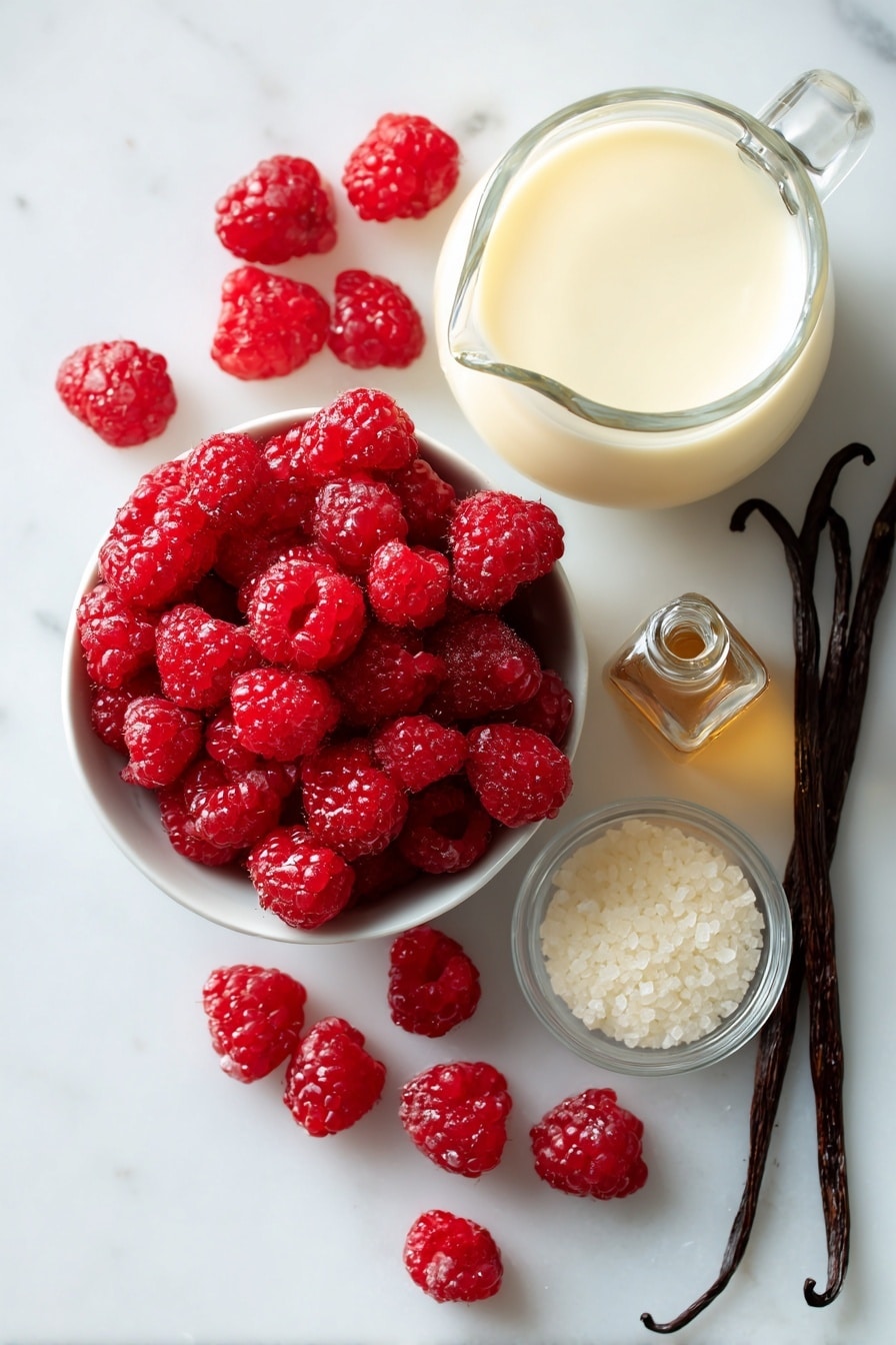 Flat lay of fresh bright red raspberries, plump gelatin sheets, a small glass jug of whole milk, a smooth bowl of creamy heavy cream, rustic vanilla beans alongside a small bottle of pure vanilla extract, and a small pile of granulated sugar crystals, all beautifully arranged with gentle natural light highlighting their textures and colors, placed on a white marble surface, photo taken with an iphone --ar 2:3 --v 7 - Classic Vanilla Panna Cotta with Raspberry Sauce, vanilla panna cotta, raspberry sauce dessert, Italian panna cotta recipe, easy elegant desserts