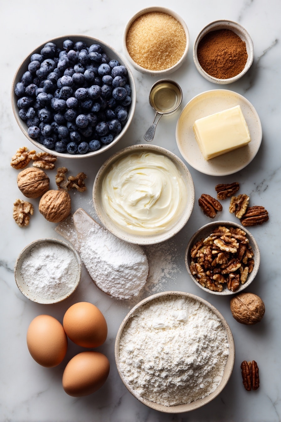 Flat lay of fresh plump blueberries, a half cup of golden brown sugar, a small pile of chopped walnuts, a stick of softened salted butter, two large brown-shelled eggs, a small bowl of creamy sour cream, a heap of white all-purpose flour, and a sprinkle of warm ground cinnamon, all beautifully arranged next to a dusting of fine powdered sugar, placed on a white marble surface, photo taken with an iphone --ar 2:3 --v 7 - Blueberry Sour Cream Coffee Cake, Blueberry Coffee Cake, Sour Cream Cake Recipe, Blueberry Breakfast Cake, Cinnamon Walnut Coffee Cake