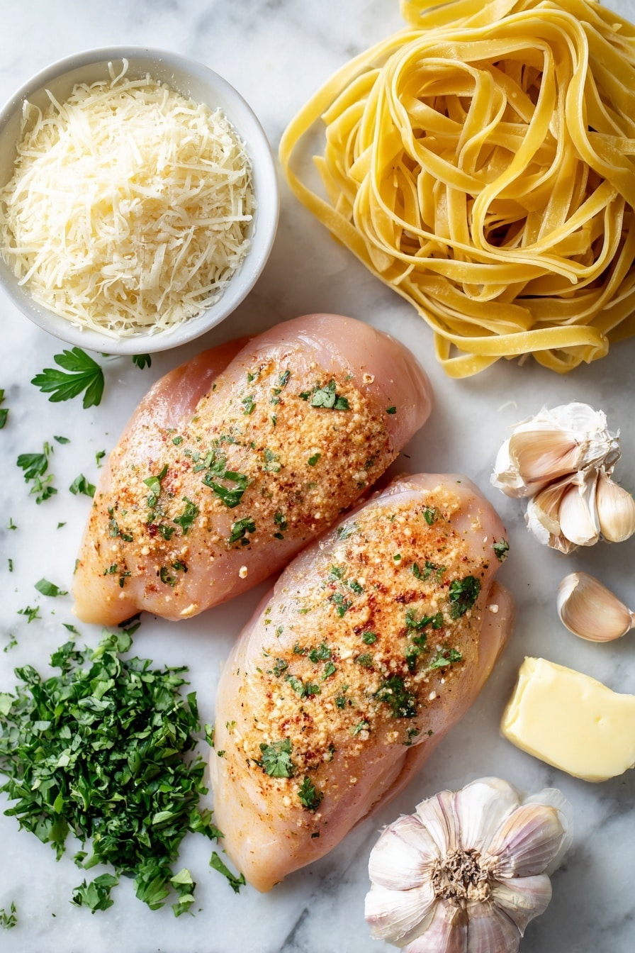 Flat lay of two large raw chicken breasts seasoned with garlic powder and smoked paprika, peeled garlic cloves, a handful of freshly grated Parmesan cheese heaped in a small pile, a bundle of uncooked fettuccine pasta, a small mound of chopped fresh Italian parsley, and a dollop of salted butter, all arranged beautifully on a white marble surface, photo taken with an iphone --ar 2:3 --v 7 - Chicken Fettuccine Alfredo, easy Alfredo pasta, creamy chicken pasta, homemade Alfredo sauce, Italian chicken pasta