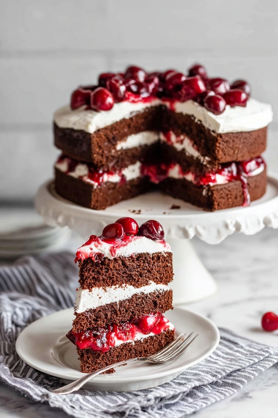 The image shows a three-layer chocolate cake on a white cake stand with a scalloped edge, placed on a white marbled surface. Each layer of the cake is dark brown with light creamy white frosting spread on top of the bottom and middle layers. Between the cake layers, there is also a bright red cherry filling that looks thick and glossy. The top layer has a thick ring of white frosting spread around the edge, and inside the ring is a pile of shiny, whole cherries in red syrup, giving a vibrant contrast to the dark cake and light frosting. The whole cake looks moist and rich. Photo taken with an iphone --ar 2:3 --v 7 - Aunt Becky’s Black Forest Cherry Cake, Black Forest Cherry Cake, Cherry Chocolate Cake, Old-Fashioned Cherry Cake, Classic Black Forest Dessert