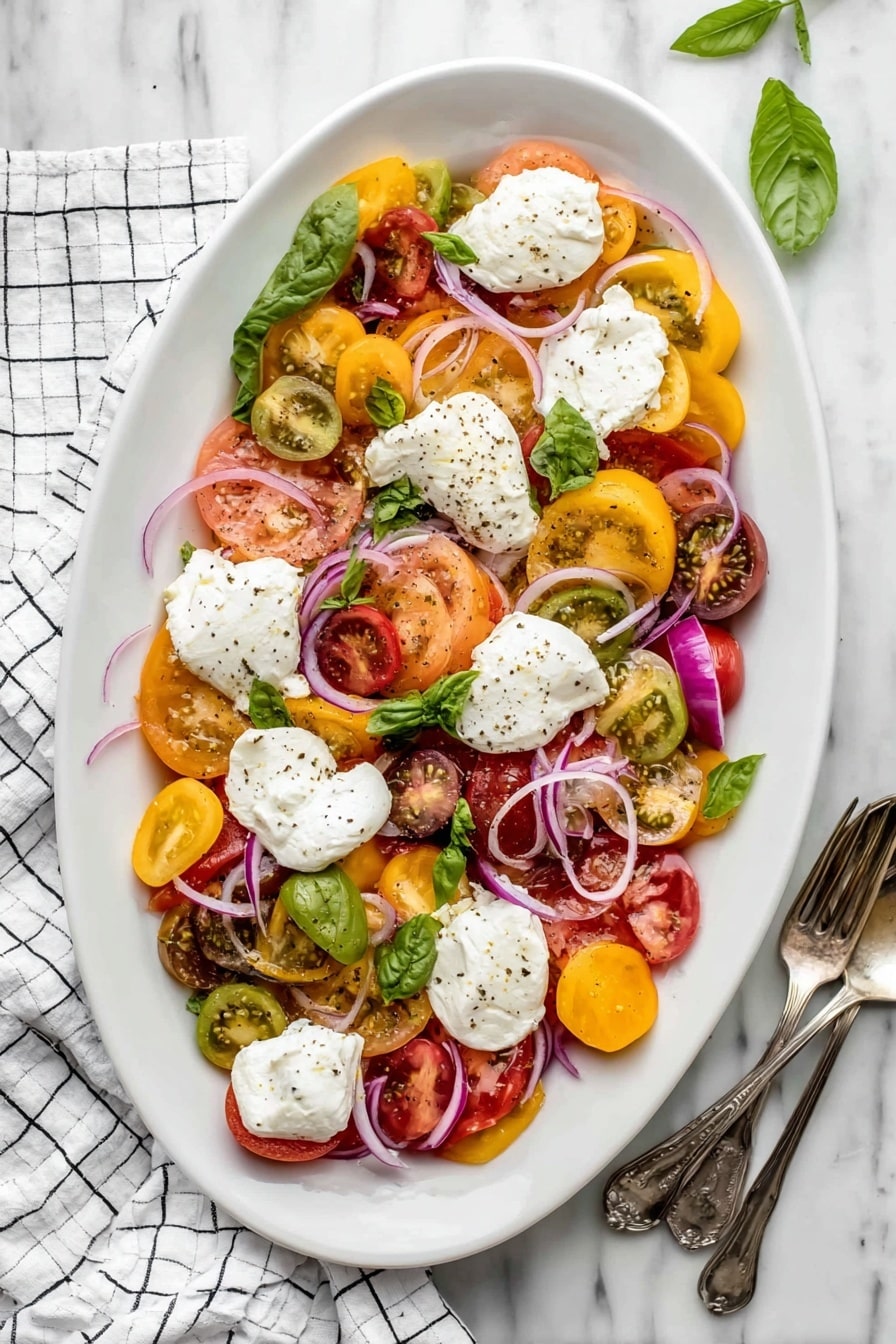 A large white oval plate holds a colorful salad with two main layers. The bottom layer is a mix of halved cherry tomatoes in red, yellow, orange, green, and purple colors, scattered with thin slices of red onion and fresh green basil leaves. On top of this layer are several dollops of white, soft cheese placed evenly around the plate. The salad is lightly sprinkled with black pepper. The plate sits on a white marbled surface with a white cloth featuring a black grid pattern on the left side and silver forks and spoons near the bottom right corner. Photo taken with an iphone --ar 2:3 --v 7 - Heirloom Tomato Salad with Burrata, tomato and burrata salad, fresh tomato appetizer, summer tomato salad, easy tomato salad recipe