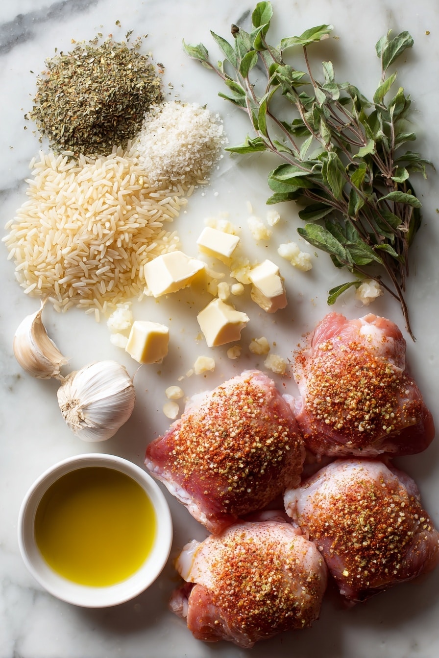 Flat lay of raw chicken thighs seasoned with smoked paprika and dried oregano, bright white garlic cloves, golden diced onion pieces, uncooked long-grain rice grains scattered artistically, a small puddle of olive oil glistening, pats of soft melted butter, a sprig of fresh green herbs, all placed on a white marble surface, photo taken with an iphone --ar 2:3 --v 7 - Baked Chicken Thighs with Fluffy Rice, easy baked chicken and rice, one-pan chicken dinner, flavorful baked chicken thighs, comforting baked chicken recipes