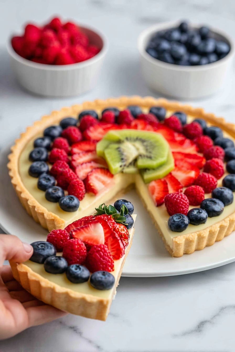 A fruit tart is shown on a white plate with a white marbled surface. The tart has four layers: the bottom layer is a light golden-brown crust with scalloped edges, filled with a creamy pale yellow custard. On top of the custard are neatly arranged fresh fruits in rings starting from the outside with a layer of halved red strawberries, then a circle of dark blue blueberries, followed by a ring of bright red raspberries, and in the center, a single green slice of kiwi. A woman's hand holds a slice picked up from the tart, showing the same fruit arrangement on the cut piece, with the strawberries and blueberries clearly visible on the creamy top layer. Two white bowls of raspberries and blueberries are blurred in the background. Photo taken with an iphone --ar 2:3 --v 7 - French Fruit Tart, French Fruit Tart recipe, fruit tart dessert, elegant dessert recipe, homemade fruit tart