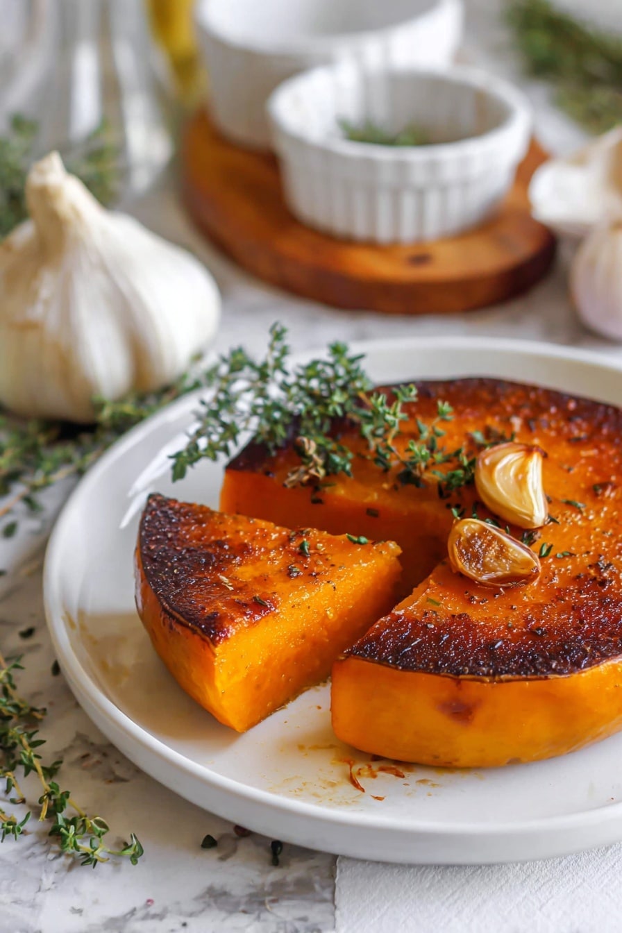 A round piece of roasted orange pumpkin sits on a white plate with a thick, slightly charred dark brown top layer showing a crispy texture, and a smooth, bright orange inside layer visible through a wedge that is removed and placed beside it. The pumpkin is garnished with a small sprig of fresh green thyme and a roasted clove of garlic on the top. The white plate rests on a white marbled textured surface, with whole garlic bulbs and a brown wooden board with white ramekins blurred softly in the background. Photo taken with an iphone --ar 2:3 --v 7 - Butternut Squash Steaks with Garlic and Thyme, roasted butternut squash, vegetarian squash main dish, healthy butternut squash recipe, easy fall vegetable dinner