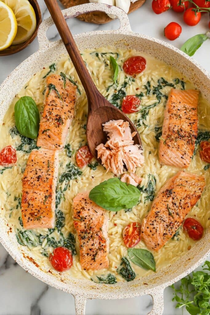 One Pot Salmon & Creamy Tomato Orzo Pasta Recipe