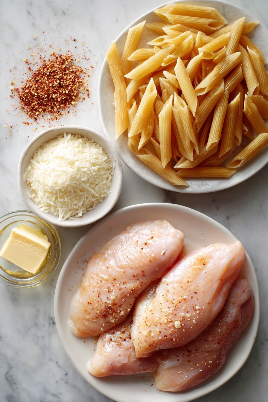 Flat lay of raw chicken breasts, a small bowl of creamy heavy whipping cream, a mound of uncooked penne pasta, a pat of golden butter, vibrant reddish-brown Cajun seasoning, a sprinkling of grated Parmesan cheese, and a dusting of garlic powder, all beautifully arranged in an inviting composition placed on a white marble surface, photo taken with an iphone --ar 2:3 --v 7 - Crock Pot Cajun Chicken Pasta, easy Cajun chicken pasta, creamy Cajun pasta slow cooker, spicy chicken pasta recipe, one-pot Cajun chicken dish