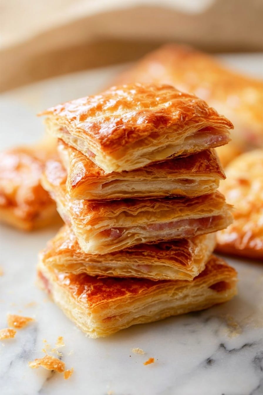 A stack of seven square, golden-brown flaky pastry pieces with visible layers is placed on a white marbled surface. Each piece shows thin, crispy layers with a shiny, slightly oily top crust and some bits of light pink meat or ham inside. The edges are crisp and slightly uneven, showing the puff pastry's delicate texture. The stack is leaning slightly, with some crumbs scattered around the base. Behind it, more pastry lies flat on the surface, also golden and flaky, with a soft, blurred background. Photo taken with an iphone --ar 2:3 --v 7 - Favorite Ham & Cheese Puff Pastry Appetizer, ham and cheese puff pastry, easy appetizer ideas, crowd-pleasing party snacks, savory puff pastry appetizers