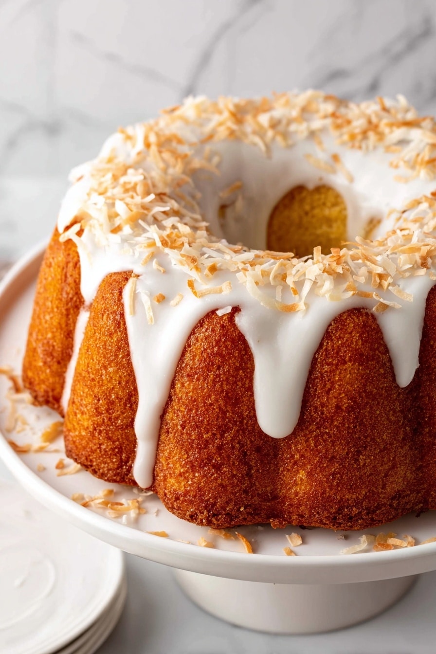 A bundt cake sits in the center on a white plate, showing a golden-brown color and smooth texture with ridged edges. It is topped with a thick layer of white frosting that is spread unevenly, creating a soft, wavy pattern following the shape of the bundt. Light brown toasted coconut flakes are sprinkled evenly on top of the frosting, adding texture and color contrast. The plate rests on a mauve-colored cloth which lays on a white marbled surface. Around the cake, there are several white dishes with ridged patterns stacked on the top side, a small white bowl filled with toasted coconut flakes on the top right, and a group of forks with silver handles tied together near the bottom right. photo taken with an iphone --ar 2:3 --v 7 - Coconut Bundt Cake for Easter, Easter coconut cake, tropical Easter dessert, coconut Bundt cake recipe, festive Easter cake