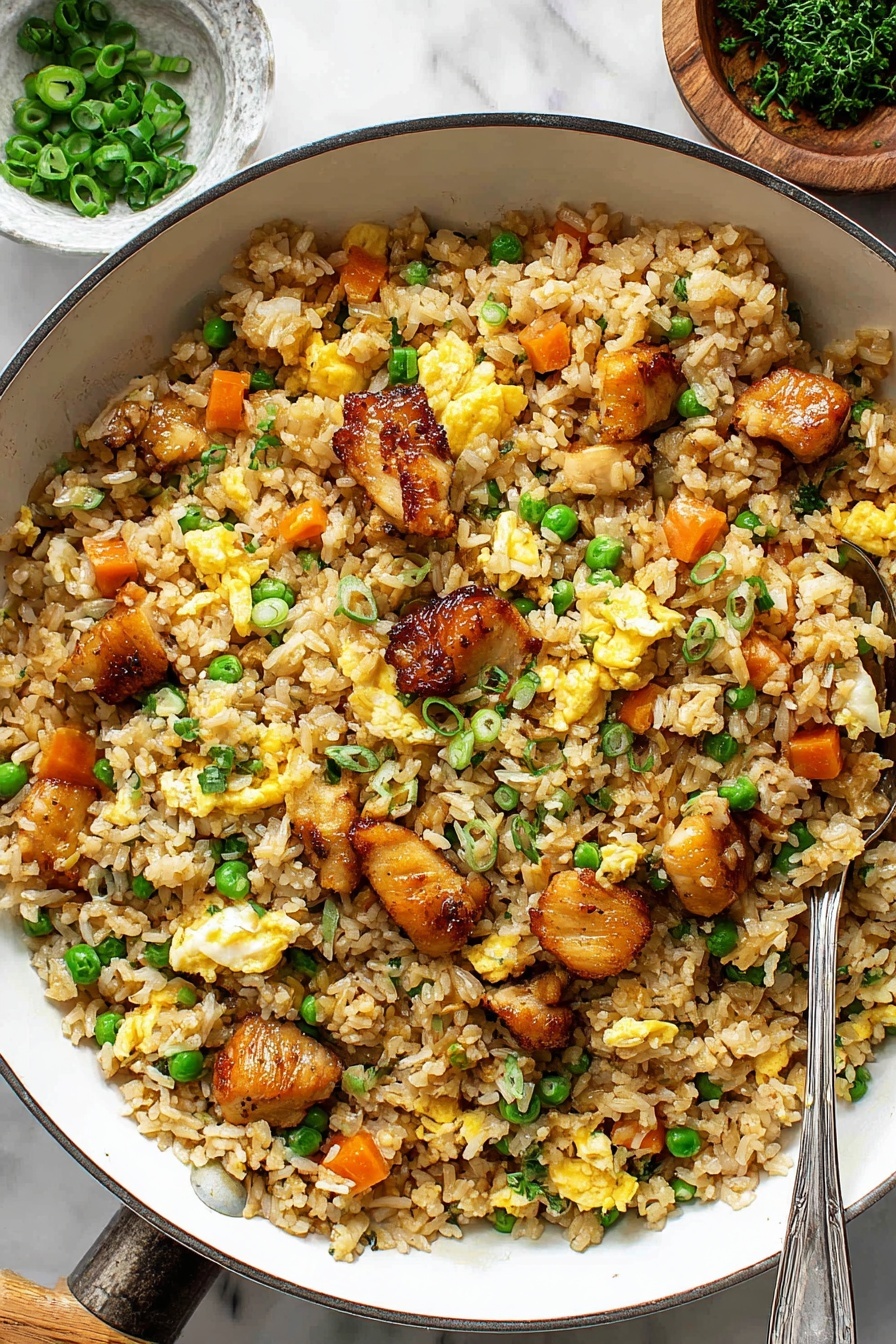 Bang Bang Chicken Fried Rice Recipe 5 The image shows a white pan filled with fried rice mixed with many small colorful ingredients. The base layer is light brown cooked rice with a slightly oily texture. Mixed evenly throughout are bright green peas and small orange carrot cubes, adding bright color contrast. There are light yellow pieces of scrambled eggs scattered on top of the rice. Medium-sized pieces of golden-brown cooked chicken sit on the surface, showing a slightly crispy texture with a shiny glaze. A silver spoon rests in the rice on the left side of the pan. The dish is set on a white marbled surface with a small bowl of green onion pieces and some parsley in the background. photo taken with an iphone --ar 2:3 --v 7 - Bang Bang Chicken Fried Rice, Spicy Chicken Fried Rice, Easy Fried Rice Recipes, Quick Asian Chicken Rice, Delicious Fried Rice Dinner