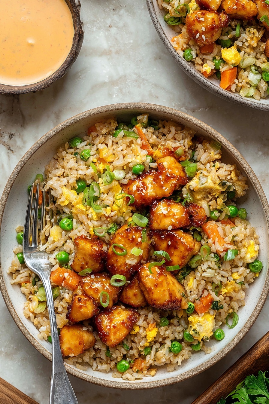 Bang Bang Chicken Fried Rice Recipe 7 A bowl with a mix of fried rice as the base layer, showing grains of light brown rice mixed with small pieces of cooked yellow scrambled egg, bright green peas, and small orange carrot cubes. On top, there are several golden brown cooked chicken pieces with a shiny glaze. The dish is garnished with small slices of green onions scattered throughout. A metal fork rests on the left side of the bowl on a white marbled texture surface. In the top right, part of a second bowl with the same contents is visible, and on the left side, there is a small bowl with a creamy orange sauce and fresh parsley near it. photo taken with an iphone --ar 2:3 --v 7 - Bang Bang Chicken Fried Rice, Spicy Chicken Fried Rice, Easy Fried Rice Recipes, Quick Asian Chicken Rice, Delicious Fried Rice Dinner