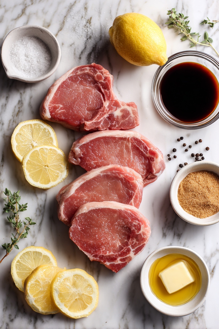 Texas Roadhouse Pork Chops Recipe 6 Flat lay of four thick, boneless pork chops arranged neatly with small piles of brown sugar and garlic powder nearby, a small glass bowl filled with dark Worcestershire sauce and another with rich soy sauce, fresh lemon wedges placed artistically, a few sprigs of black peppercorns scattered around, and a pat of golden melted butter glistening, all placed on a white marble surface, photo taken with an iphone --ar 2:3 --v 7 - Texas Roadhouse Pork Chops, pork chop marinade, juicy pork chops, grilled pork chops, easy pork chop recipes