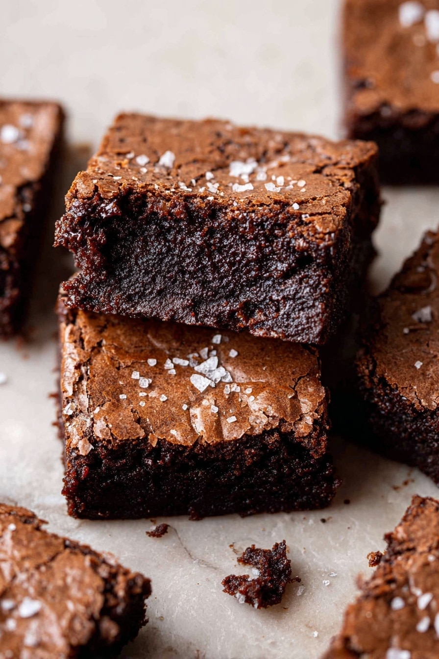 The image shows a close-up of a metal baking pan filled with a thick, rich chocolate batter. The batter has a smooth, shiny texture with some swirls and ridges visible on the surface. The pan sits on a white marbled surface, and the batter fills almost all of the pan's depth, showing layers of dark, creamy chocolate. A small, round white label with the number 5 in black is on the top left side of the image. Photo taken with an iphone --ar 2:3 --v 7 - Espresso Brownies, chocolate coffee brownies, fudgy espresso brownies, coffee flavored brownies, rich chocolate brownie recipe