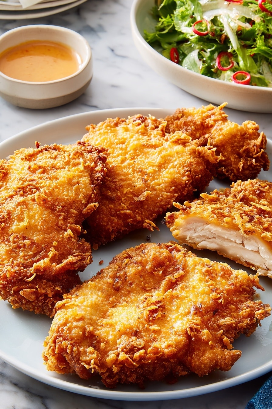 Six pieces of golden brown crispy fried food are placed on a wire cooling rack. Each piece has a crunchy, crumbly texture with uneven edges and a warm, inviting color that ranges from light to deeper golden tones. The wire rack has a grid pattern and sits on a white marbled surface, which contrasts nicely with the fried pieces. The arrangement is neat, showing each piece clearly without overlapping. photo taken with an iphone --ar 2:3 --v 7 - Crunchy Coconut Chicken with Spicy Mayo and Cabbage Salad, coconut chicken, crispy chicken with coconut, spicy mayo dip, tropical chicken salad