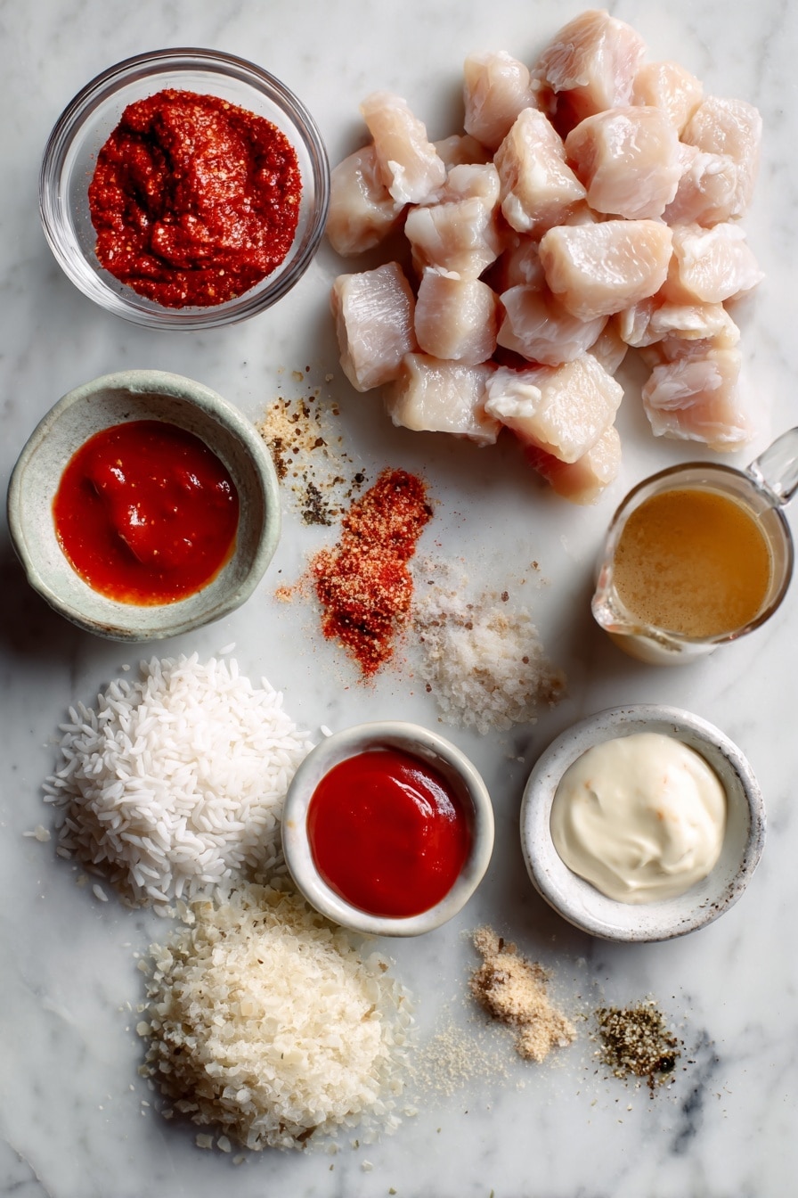 Flat lay of diced boneless skinless chicken breast seasoned with garlic powder, onion powder, and chili powder, small mounds of basmati rice, dollops of light mayo, pools of sweet chili sauce and bright red Sriracha sauce, scattered garlic and onion powder spices, and a small measuring cup of chicken broth artfully arranged on a white marble surface, photo taken with an iphone --ar 2:3 --v 7 - Bang Bang Chicken Bakes, healthy baked chicken dish, easy dinner recipes, meal prep chicken bake, spicy chicken rice bake