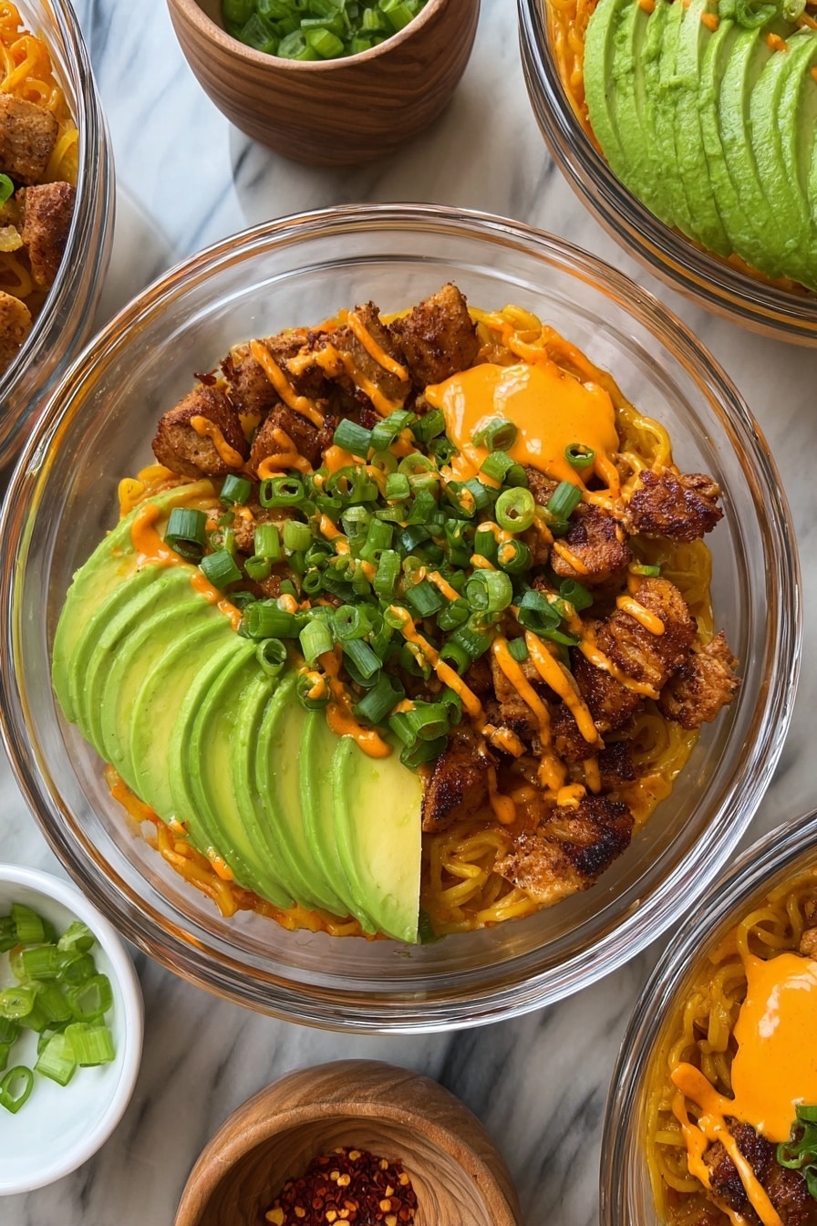The image shows a clear glass bowl filled with a layered dish. The bottom layer is orange-colored rice mixed with sauce, topped with pieces of cooked white fish with a light brown sear. There are slices of green avocado and green onion scattered on top, adding a fresh contrast. A silver fork holds a bite of the fish and rice close to the camera. In the background, there are small wooden bowls with avocado slices and green herbs, and a small white bowl with red chili flakes on a white marbled surface. Photo taken with an iphone --ar 2:3 --v 7 - Bang Bang Chicken Bakes, healthy baked chicken dish, easy dinner recipes, meal prep chicken bake, spicy chicken rice bake