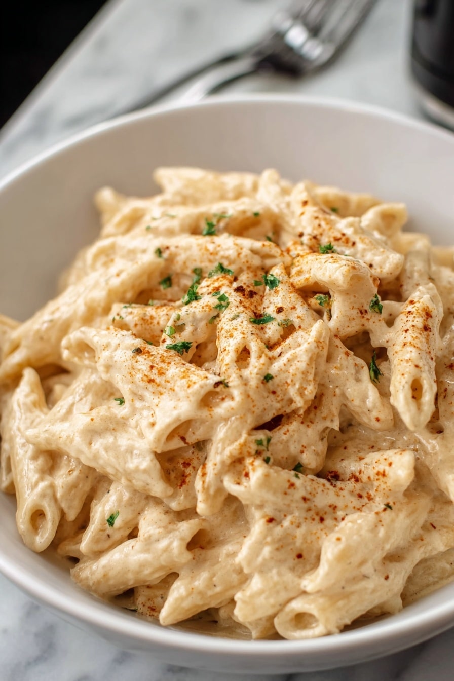 A bowl of creamy pasta with short tube-shaped noodles covered in a smooth, light beige sauce, sprinkled with small bits of green herbs and a light dusting of orange spices. The white bowl sits on a white marbled surface with a silver fork blurred in the background. photo taken with an iphone --ar 2:3 --v 7 - Crock Pot Cajun Chicken Pasta, easy Cajun chicken pasta, creamy Cajun pasta slow cooker, spicy chicken pasta recipe, one-pot Cajun chicken dish