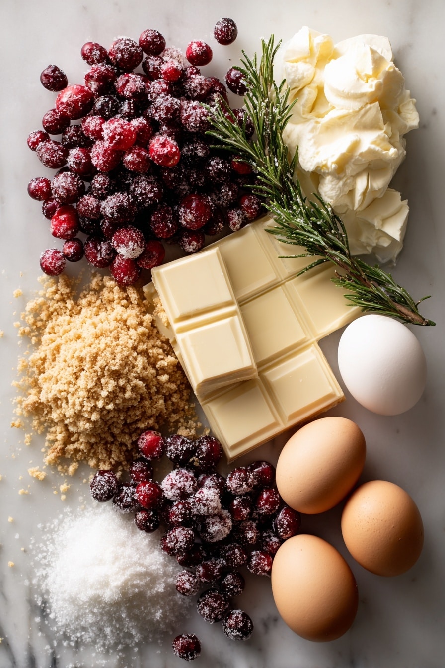 Flat lay of fresh and sugared cranberries gleaming with a light sugar coating, sprigs of fresh rosemary dusted with sparkling sugar crystals, a smooth block of creamy white chocolate with fine chopping details, silky cream cheese dollops, finely crushed graham cracker crumbs in a neat pile showcasing their golden texture, small mounds of granulated and powdered sugar sparkling gently, a few whole large eggs with clean brown shells, and a splash of pure vanilla beans beside delicate sour cream and heavy cream portions, all beautifully arranged with natural light highlighting their rich colors and textures, placed on a white marble surface, photo taken with an iphone --ar 2:3 --v 7 - Cranberry Cheesecake with White Chocolate Mousse and Sugared Cranberries, festive cranberry cheesecake, holiday fruit dessert, elegant cheesecake recipe, holiday party dessert