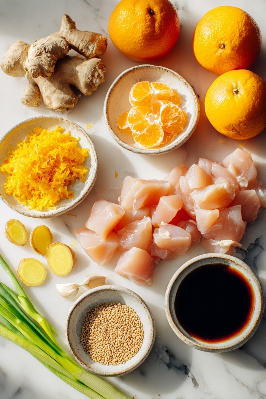 Flat lay of bite-sized raw chicken breast pieces, fresh whole oranges with one partially zested, small piles of bright orange zest, peeled garlic cloves, knob of fresh ginger root, small bowls filled with honey and low-sodium soy sauce, sprinkling of sesame seeds, and a few vibrant green onions sliced, all beautifully arranged with natural light highlighting their colors and textures, placed on a white marble surface, photo taken with an iphone --ar 2:3 --v 7 - Air Fryer Orange Chicken, healthy orange chicken recipe, quick weeknight dinner, crispy orange chicken, homemade orange chicken