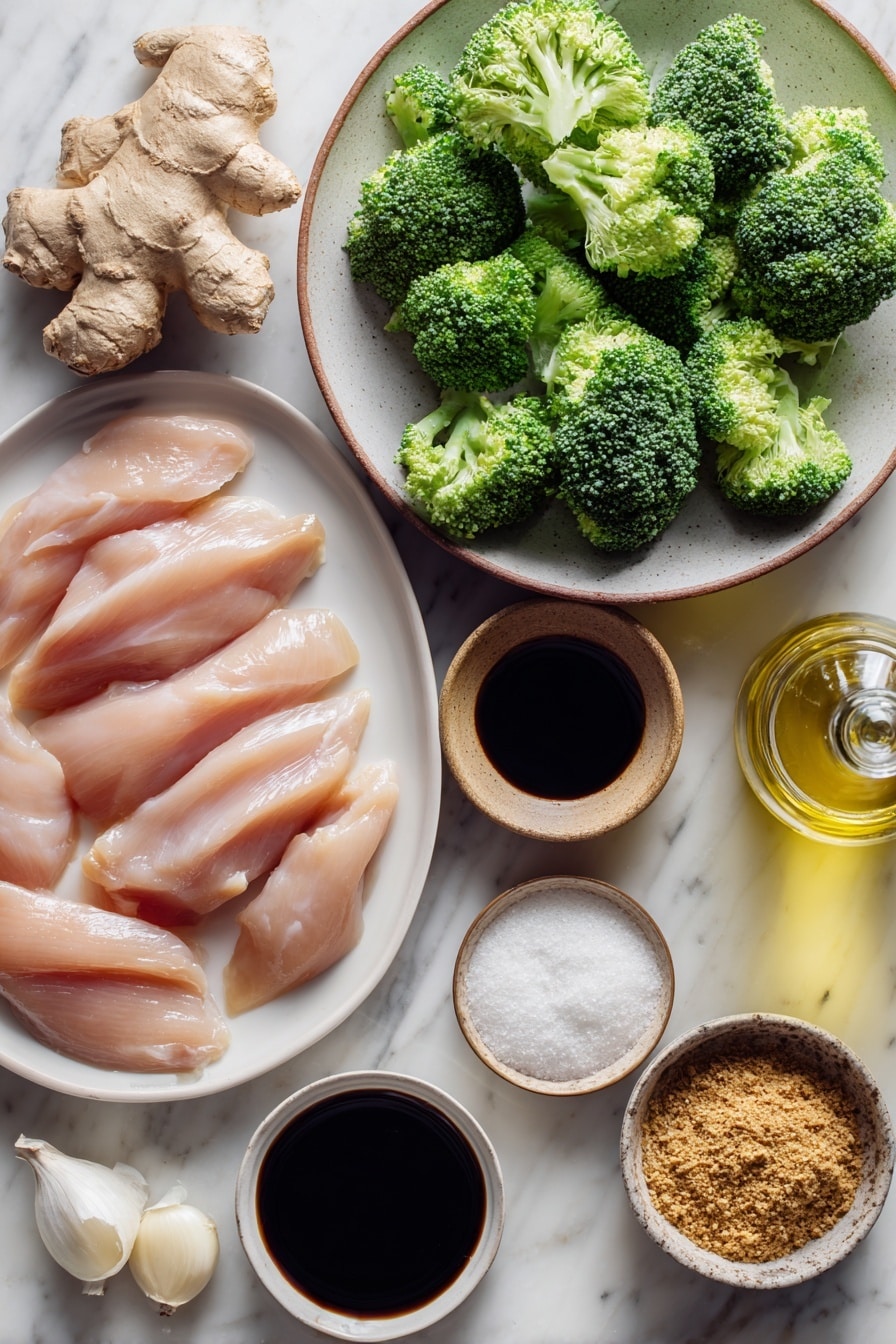 Flat lay of fresh chicken breast sliced into thin strips, bright green broccoli florets, several peeled garlic cloves, a knob of fresh ginger root, small piles of cornstarch and granulated sugar, a small dish of dark soy sauce, a tiny pool of toasted sesame oil, and a clear bottle of Shaoxing wine, all beautifully arranged with careful spacing and color contrast, placed on a white marble surface, photo taken with an iphone --ar 2:3 --v 7 - Easy Chicken Broccoli Stir Fry, Chicken and Broccoli Stir Fry, Healthy Chicken Stir Fry, Quick Dinner Recipes, Asian Stir Fry