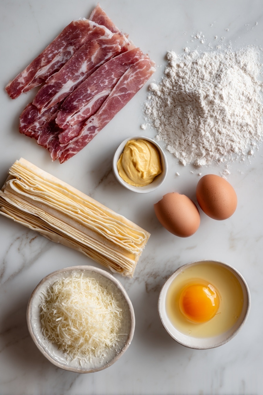 Flat lay of thinly sliced black forest ham, grated Gruyère cheese, smooth golden Dijon mustard spread in a small dollop, two sheets of defrosted puff pastry with visible flaky layers, a lightly beaten egg with a glossy surface, and a gentle dusting of white flour thoughtfully scattered, all beautifully arranged on a white marble surface, photo taken with an iphone --ar 2:3 --v 7 - Favorite Ham & Cheese Puff Pastry Appetizer, ham and cheese puff pastry, easy appetizer ideas, crowd-pleasing party snacks, savory puff pastry appetizers