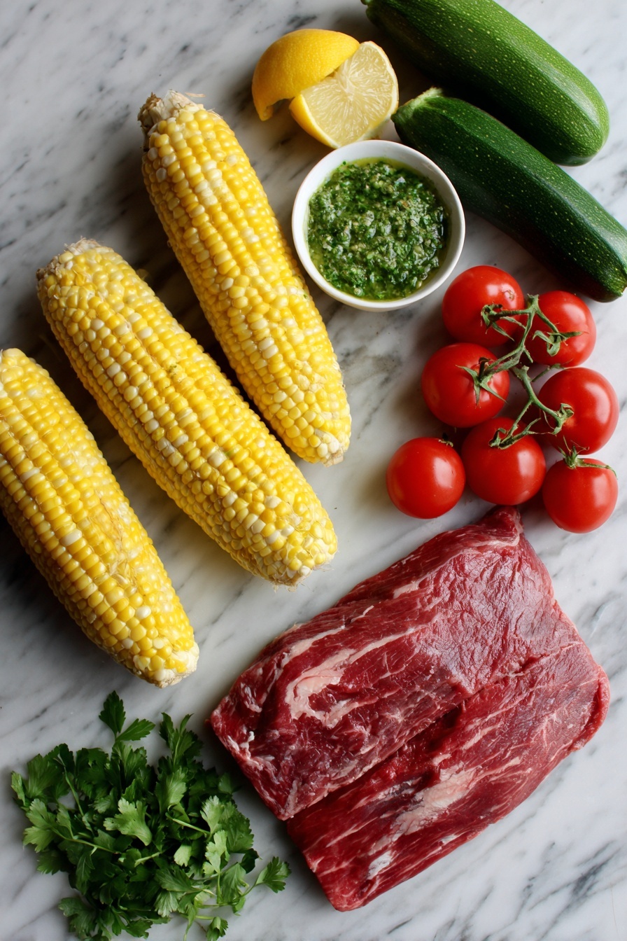 30-Minute Grilled Chimichurri Steak Bowl Recipe 6 Flat lay of a raw flank steak with fine marbling, two ears of bright yellow sweet corn with some kernels popped out, fresh zucchini quarters showing green skin and pale flesh, glossy red cherry tomatoes still on the vine, a small bowl of vibrant green chimichurri sauce with visible herbs, a halved lemon showing its juicy interior, and a handful of chopped fresh parsley and cilantro leaves scattered artistically, placed on a white marble surface, photo taken with an iphone --ar 2:3 --v 7 - 30-Minute Grilled Chimichurri Steak Bowl, quick steak bowl, healthy grilled steak recipes, flavorful steak bowls, easy weeknight dinner ideas