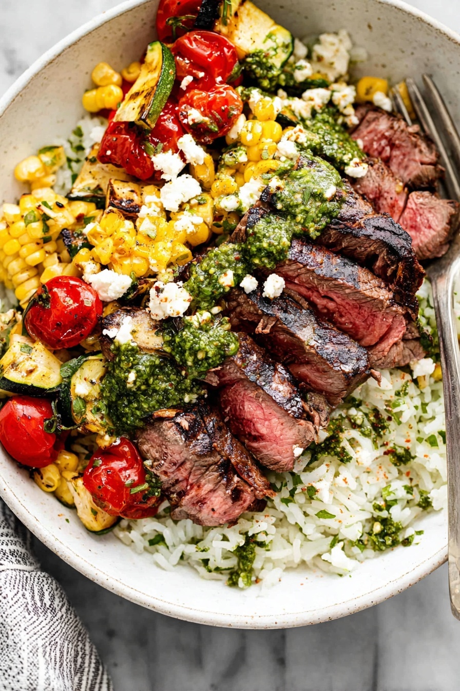 30-Minute Grilled Chimichurri Steak Bowl Recipe 5 The image shows a white plate filled with layers starting from a base of white rice mixed with green herbs. On top of the rice, there are charred pieces of yellow corn and diced grilled zucchini with a slightly browned grilled texture. There are also vibrant red cherry tomatoes that appear roasted. The main layer features sliced medium-rare steak pieces with a pink center and a dark seared crust, sprinkled lightly with black pepper. The dish is topped with dollops of green chimichurri sauce and sprinkled white cheese crumbles, adding texture and color contrast. A silver fork and knife rest on the edge of the plate, which sits on a white marbled surface with a striped cloth beneath one side. photo taken with an iphone --ar 2:3 --v 7 - 30-Minute Grilled Chimichurri Steak Bowl, quick steak bowl, healthy grilled steak recipes, flavorful steak bowls, easy weeknight dinner ideas