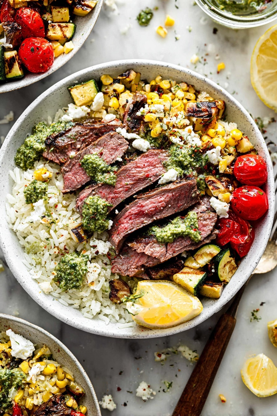 30-Minute Grilled Chimichurri Steak Bowl Recipe 7 The dish shows a white shallow bowl filled with three main layers. The bottom layer is a bed of white rice mixed with small pieces of grilled yellow corn and green herbs. Above the rice are grilled vegetables: bright red cherry tomatoes, golden grilled corn kernels, and browned cubes of zucchini with grill marks. On top, there are slices of medium-rare steak, pink inside with a seared outer edge, spread out in the middle of the bowl. Dollops of green herb sauce are scattered across the bowl, with some white crumbly cheese sprinkled on top. A bright yellow lemon wedge sits on the side near the rim. The bowl is placed on a white marbled surface with parts of another similar bowl, a spoon with a wooden handle, and scattered lemon pieces around it. Photo taken with an iphone --ar 2:3 --v 7 - 30-Minute Grilled Chimichurri Steak Bowl, quick steak bowl, healthy grilled steak recipes, flavorful steak bowls, easy weeknight dinner ideas