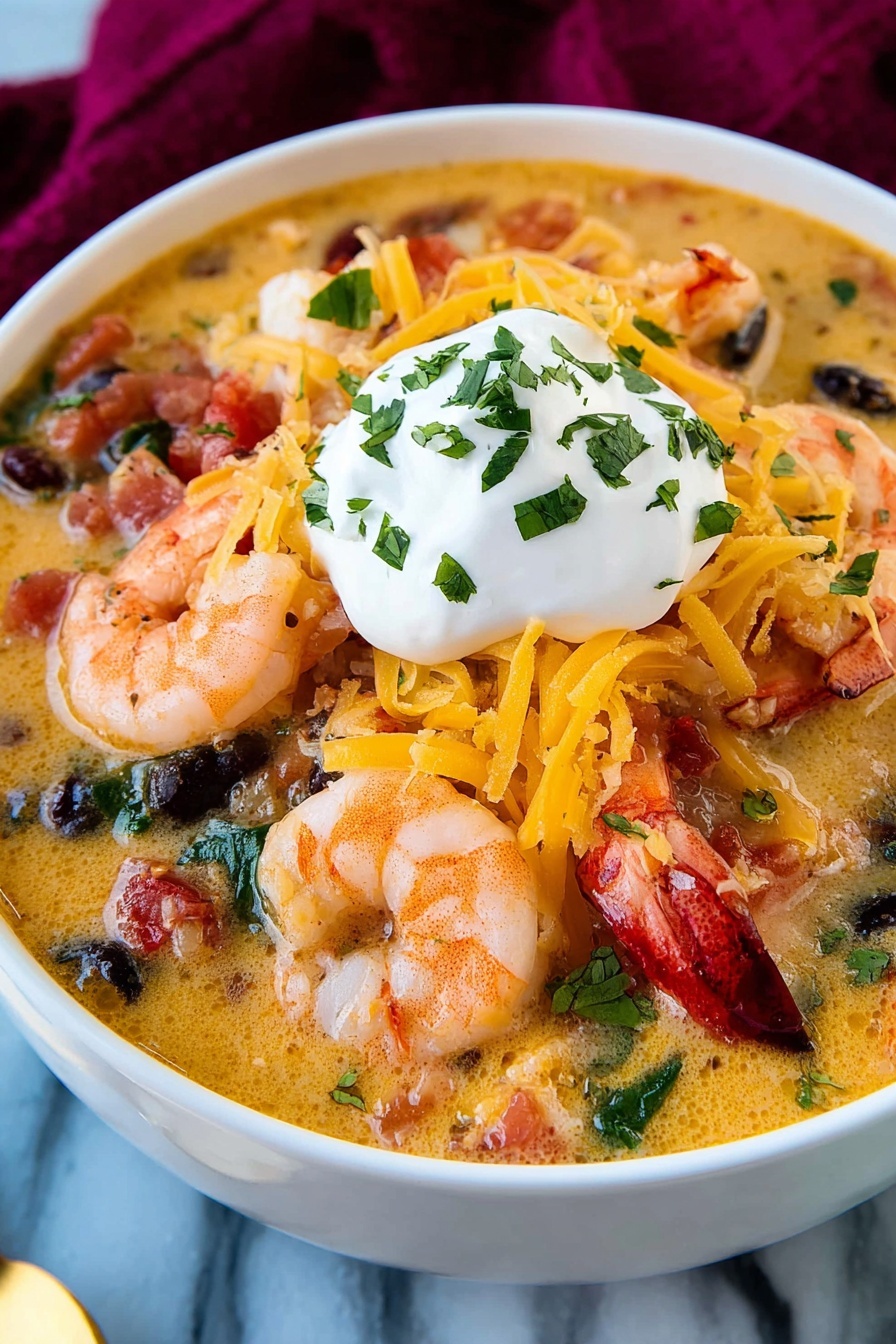 Easy Creamy Seafood and Shrimp Chili Recipe 7 A white bowl filled with a creamy soup that has a yellow-orange base with visible chunks of shrimp, red lobster claws, black beans, and bits of tomatoes and greens scattered throughout. On top, there is a layer of shredded yellow and white cheese partially covered by a dollop of white sour cream sprinkled with chopped green herbs. The soup is placed on a white marbled surface and a dark red cloth is visible in the background. Photo taken with an iphone --ar 2:3 --v 7 - Easy Creamy Seafood and Shrimp Chili, seafood chili, creamy seafood stew, shrimp seafood dinner, easy seafood chili recipe