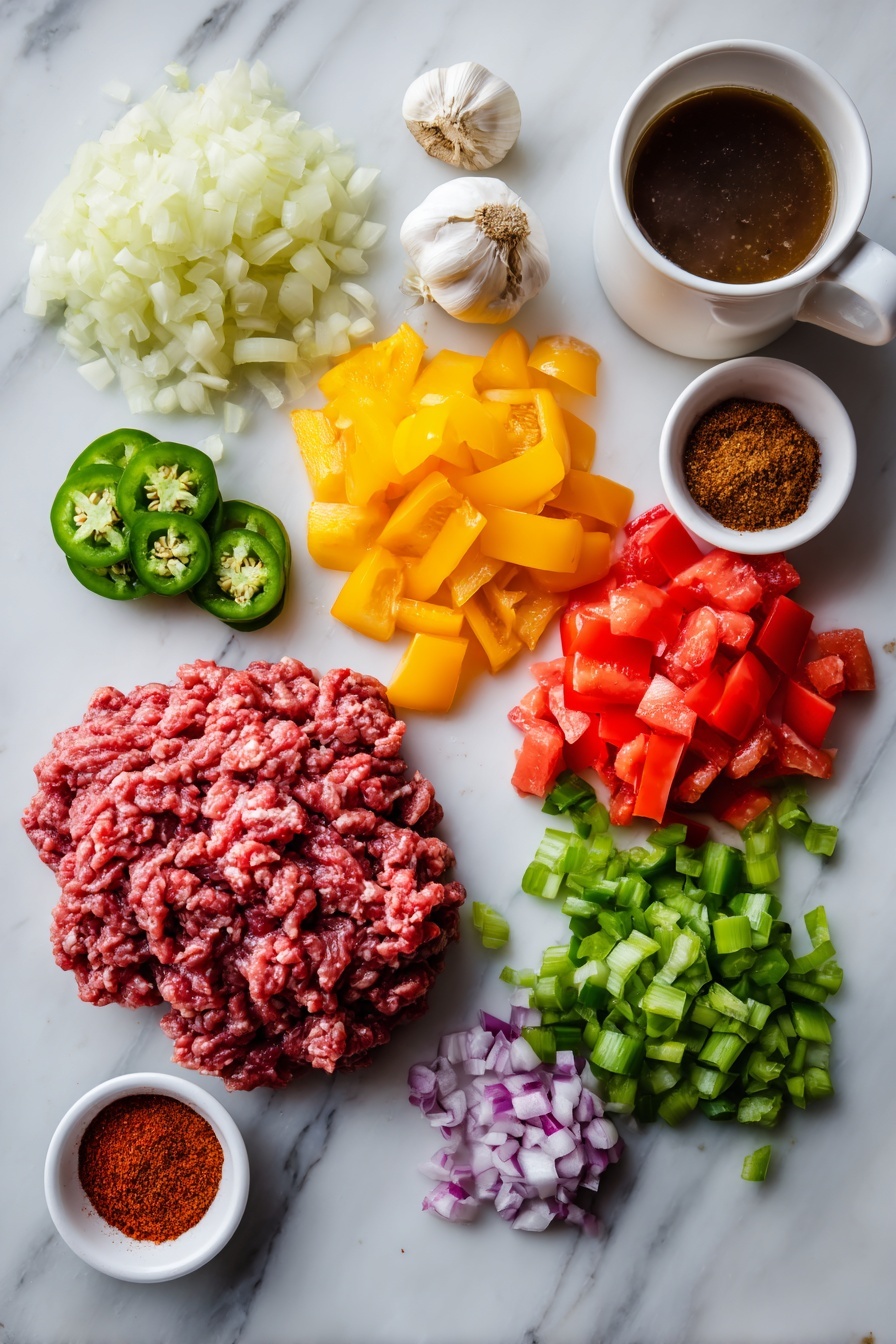 No Bean Chili Recipe 6 Flat lay of fresh ground beef, a large yellow onion chopped into pieces, three peeled garlic cloves, two colorful bell peppers diced, one seeded jalapeno pepper chopped, a small pile of chili powder, bright red diced tomatoes from a can, and a cup of rich beef broth, all beautifully arranged with vibrant colors and textures, placed on a white marble surface, photo taken with an iphone --ar 2:3 --v 7 - No Bean Chili, hearty bean-free chili, easy homemade chili, spicy beef chili, quick weeknight chili